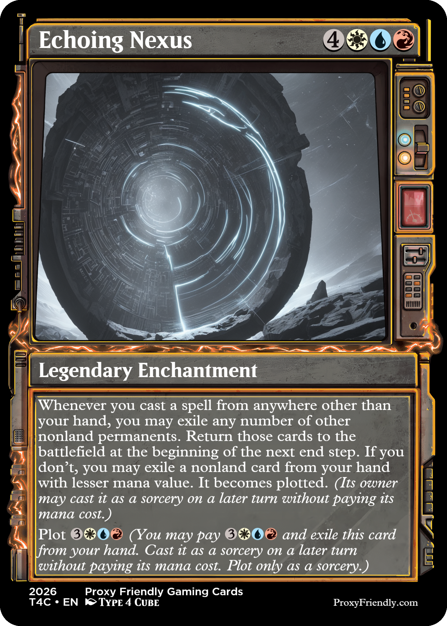 A sci-fi themed trading card titled "Echoing Nexus" depicting a large circular structure with blue glowing lines and technological details, surrounded by a rugged landscape.