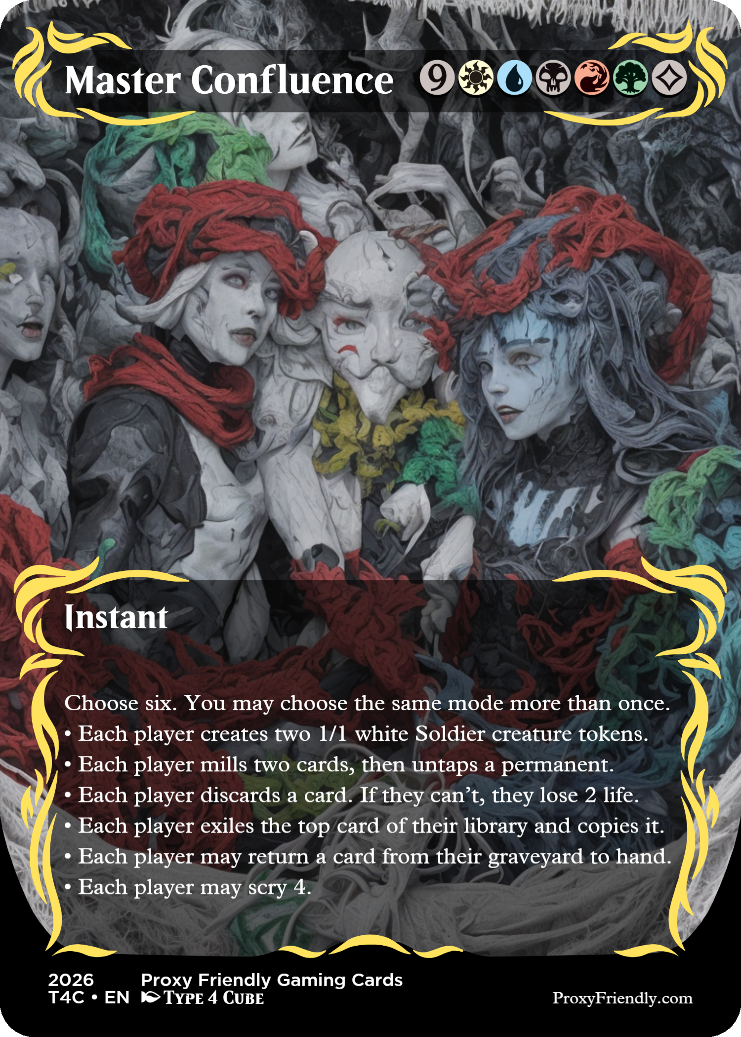 A fantasy-themed artwork featuring elven and mythical characters with elaborate costumes and makeup, surrounded by a dark, mystical background, and overlaid with text describing a game card called 'Master Confluence.'