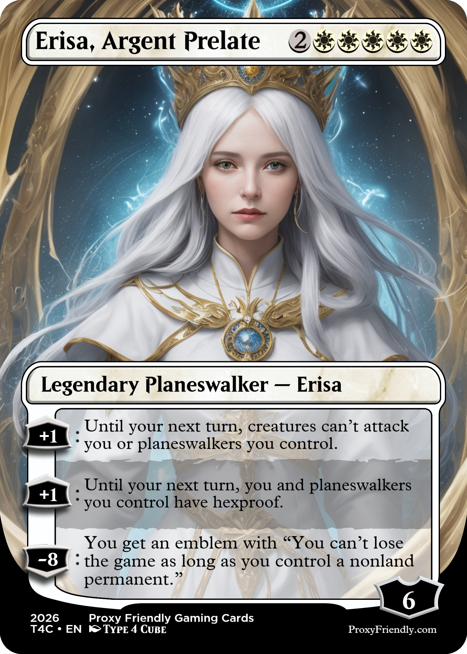 A fantasy trading card titled 'Erisa, Argent Prelate' featuring a portrait of a woman with long silver hair, wearing a gold and white crown and robes with intricate designs, set against a cosmic background with blue and gold accents.