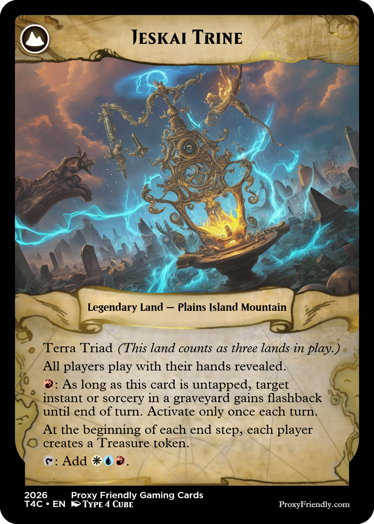 A fantasy-themed trading card titled 'Jeskai Trine'. The illustration depicts an ornate, glowing, golden divine structure with blue and orange lightning bolts emanating from it, set against a stormy sky with dark clouds and ruined landscape. The card is labeled as 'Legendary Land — Plains Island Mountain', with game text and symbols below.