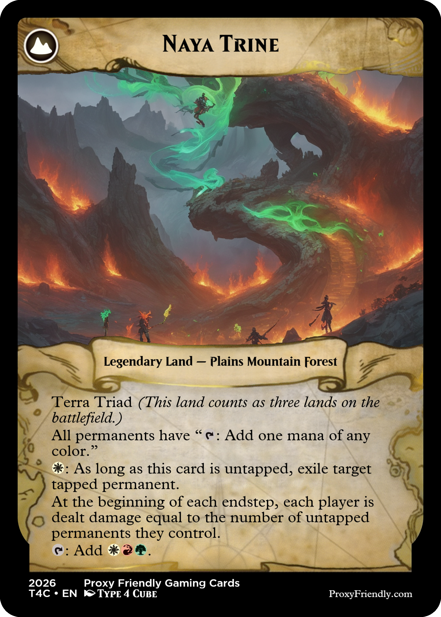 A fantasy game card titled 'Naya Trine' depicts a volcanic landscape with fiery eruptions, dark mountains, and glowing green magical energy swirling in the sky. There are three characters at the bottom unleashing magic.