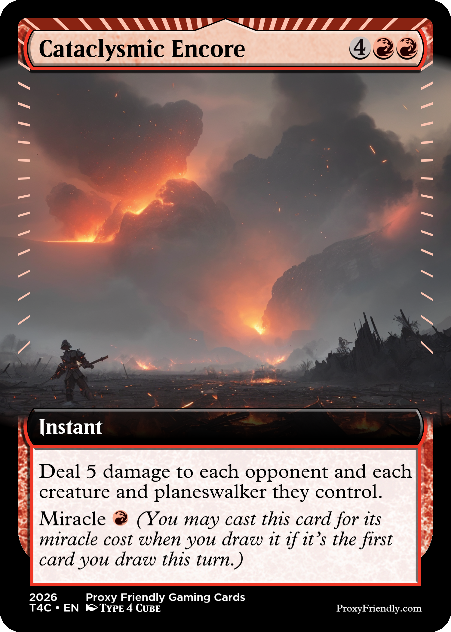A trading card titled 'Cataclysmic Encore' from Proxy Friendly Gaming Cards featuring a scene of erupting volcanoes with dark smoke and lava, and a soldier or warrior in the foreground.