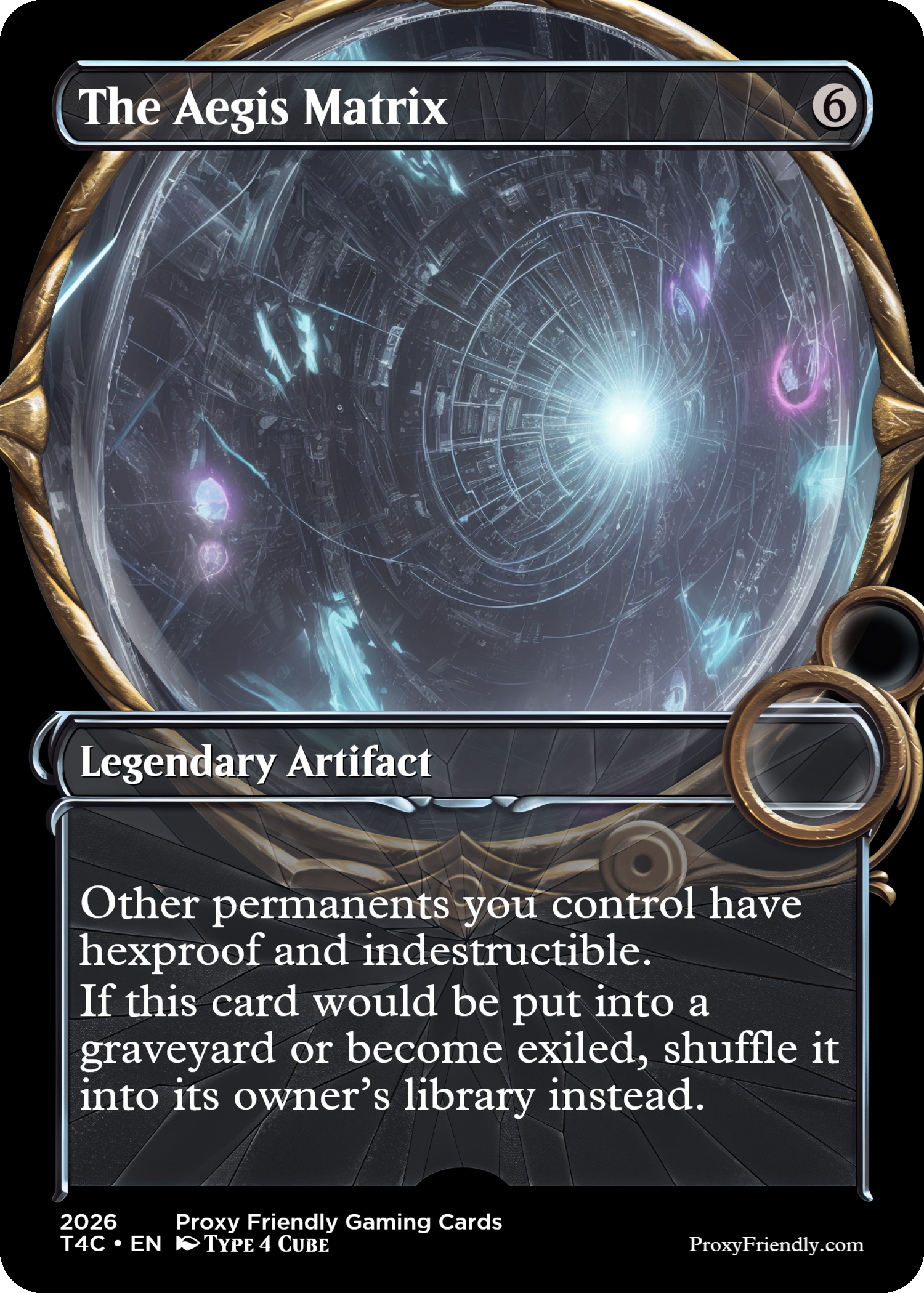 A collectible gaming card titled "The Aegis Matrix" featuring futuristic, sci-fi artwork of a glowing, spiraling blue and purple vortex inside a golden frame. The card is labeled as a "Legendary Artifact" with description text about controlling other permanents with hexproof and indestructible properties, and a footer with details about the product and website.