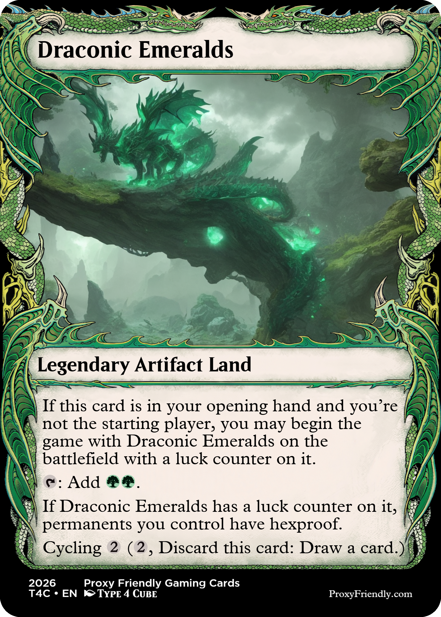 A fantasy-themed trading card titled "Draconic Emeralds" featuring a large, glowing, green dragon-like creature with emerald eyes, perched on a twisted, ancient tree branch in a misty, mystical landscape.