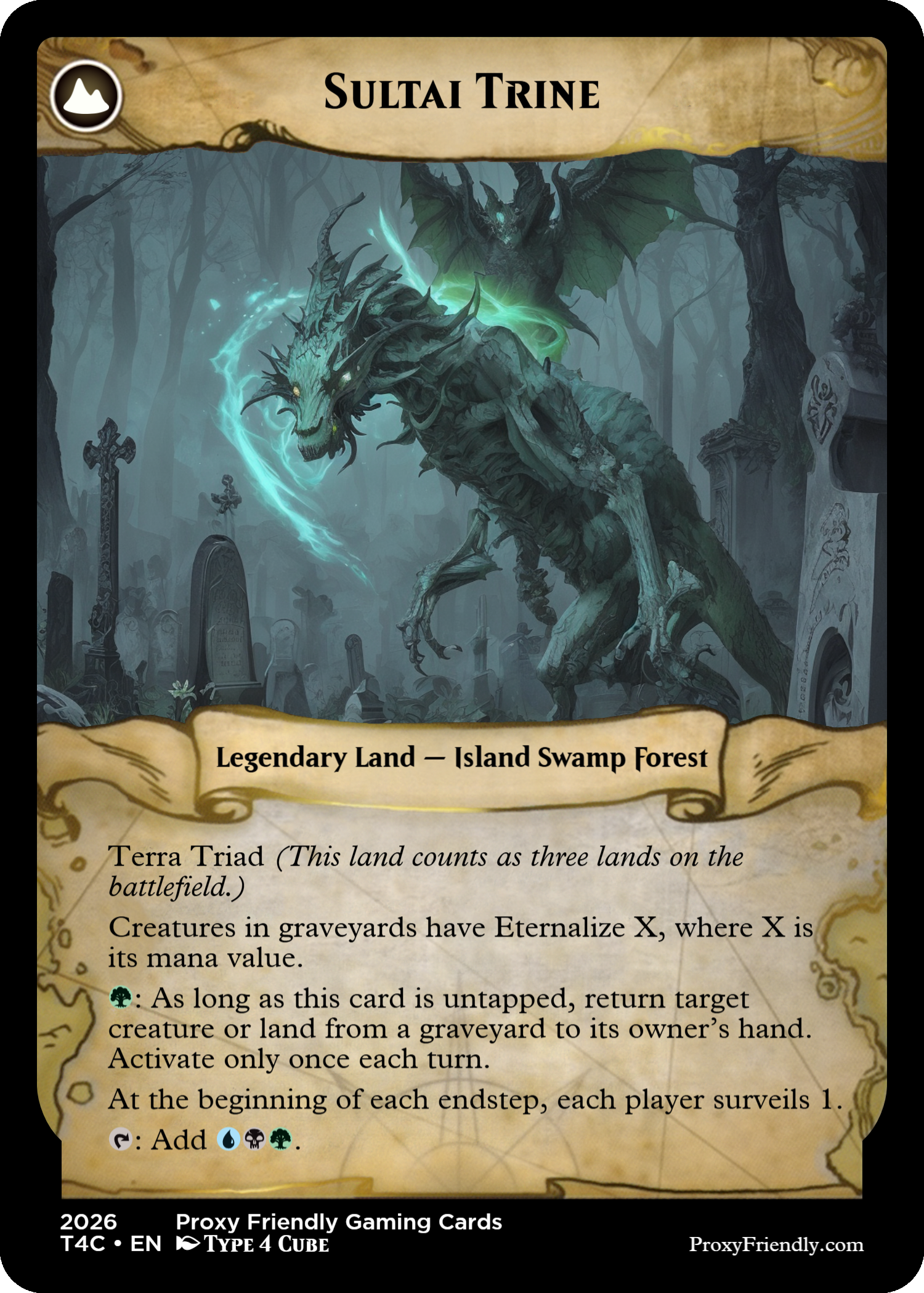 A fantasy-themed trading card titled 'Sultai Trine' showing a monstrous creature in a graveyard. The creature has a dragon-like head, sharp horns, glowing eyes, and a skeletal body with wings. The background features tombstones and a dark, misty swamp forest.