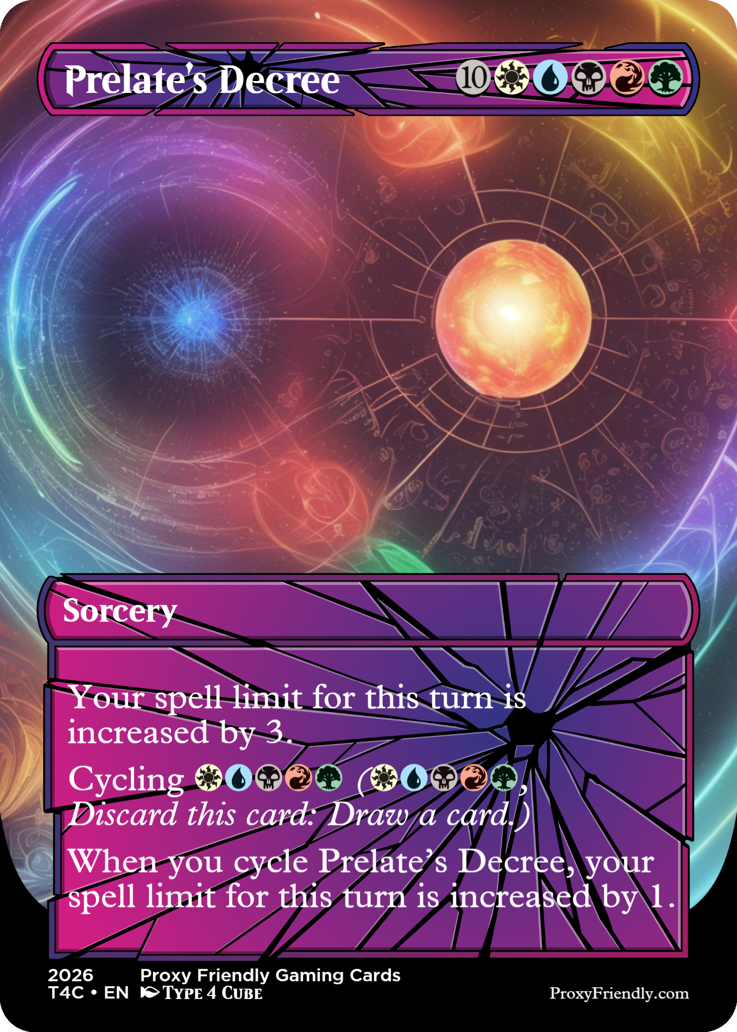 A gaming card titled 'Prelate's Decree' featuring a cosmic background with glowing celestial bodies, constellations, and magical symbols. The card has a purple and black crystalline pattern with a crack running across the surface. It displays game information, symbols, and text about its effect in a card game.