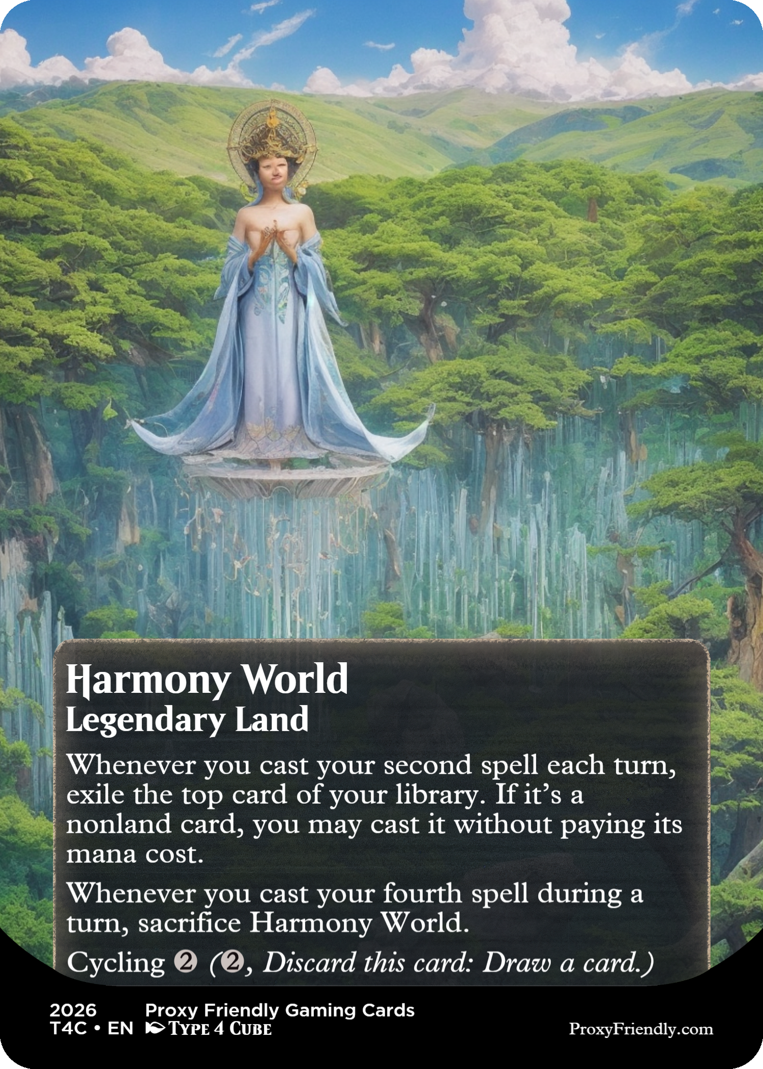A fantasy-themed trading card titled 'Harmony World Legendary Land' featuring a woman in flowing blue and white robes with a large ornate headdress, standing on a floating platform in a lush green forest with waterfalls in the background and a partly cloudy sky.