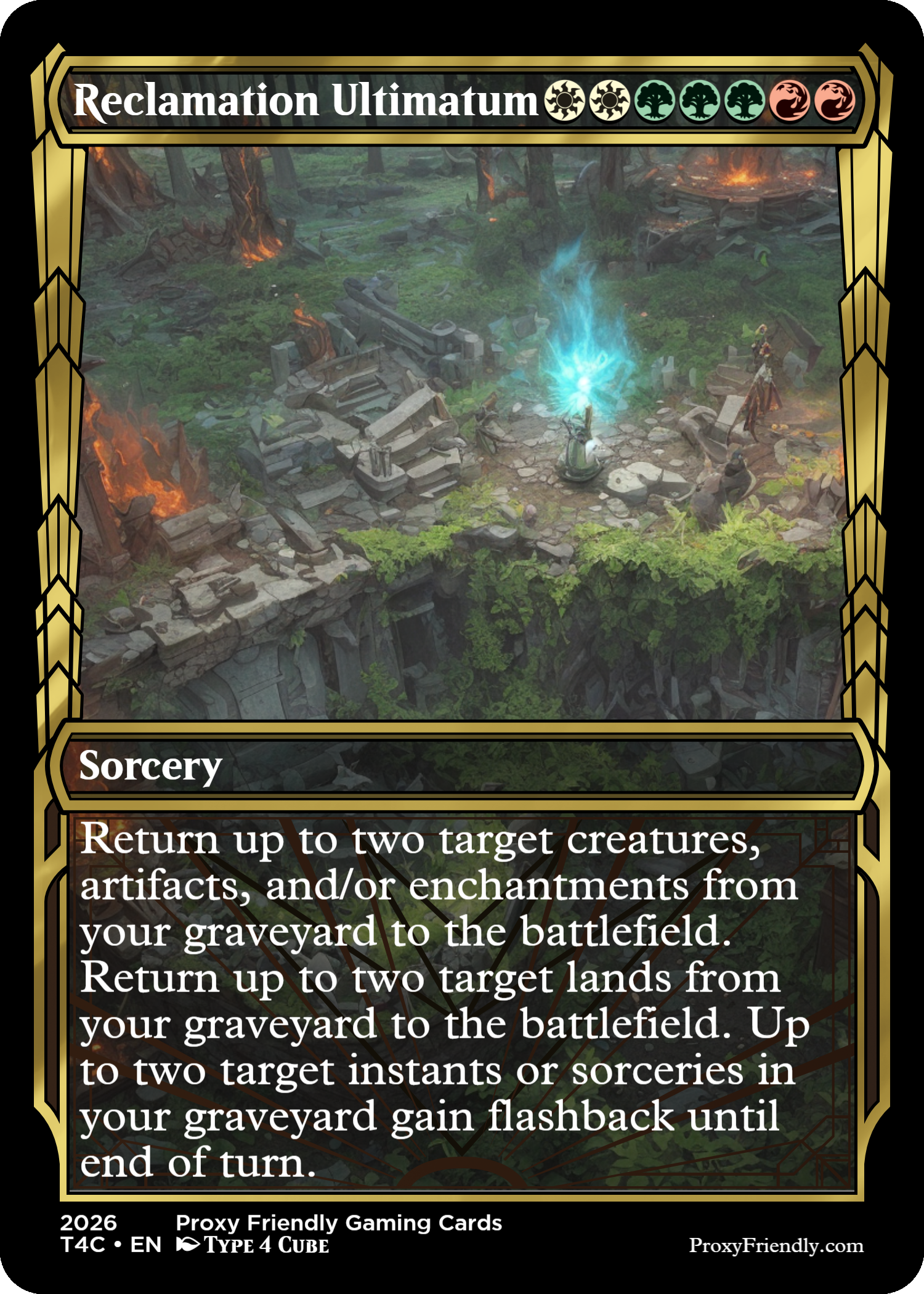 A fantasy-themed trading card titled 'Reclamation Ultimatium' featuring a scene of a ruined stone structure in a forest with burning fires, green foliage, and a mystical glowing blue portal in the center. The card includes details about its game mechanics and type, with a decorative gold and black border.