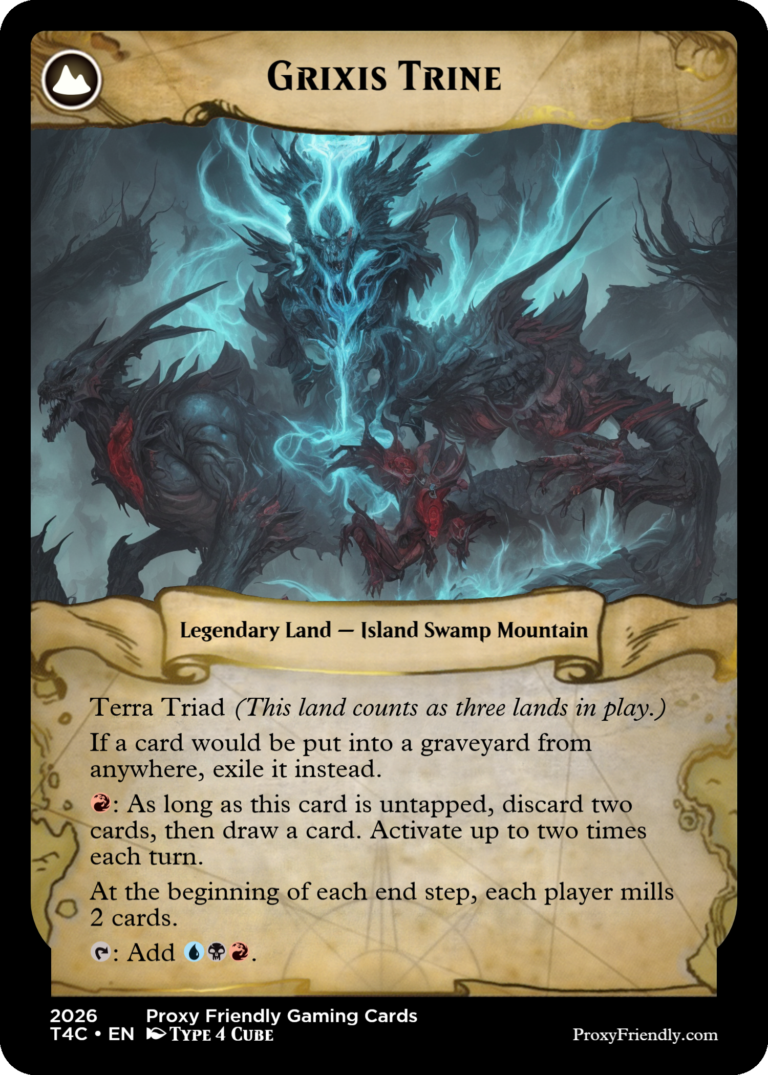 A fantasy trading card titled 'Grixis Trine' featuring a dark, monstrous creature with a blue, lightning-like aura, set against a gloomy landscape with twisted trees.