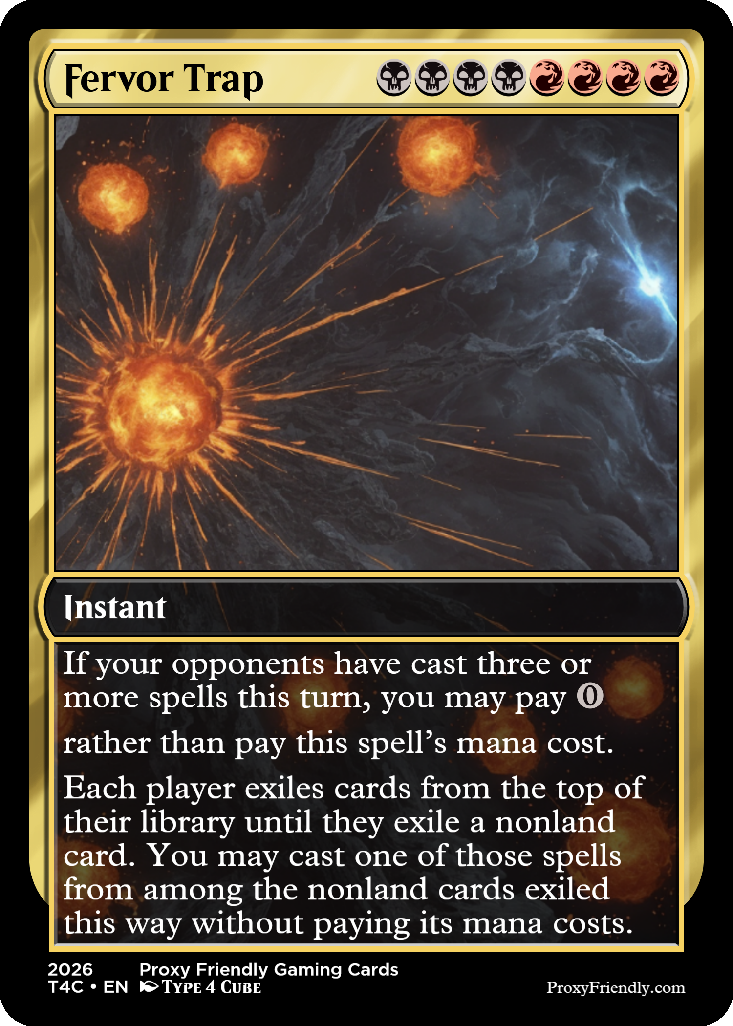 A card titled 'Fervor Trap' from a trading card game, featuring an illustration of fiery explosions in a space-like background, with text describing the card's effects.