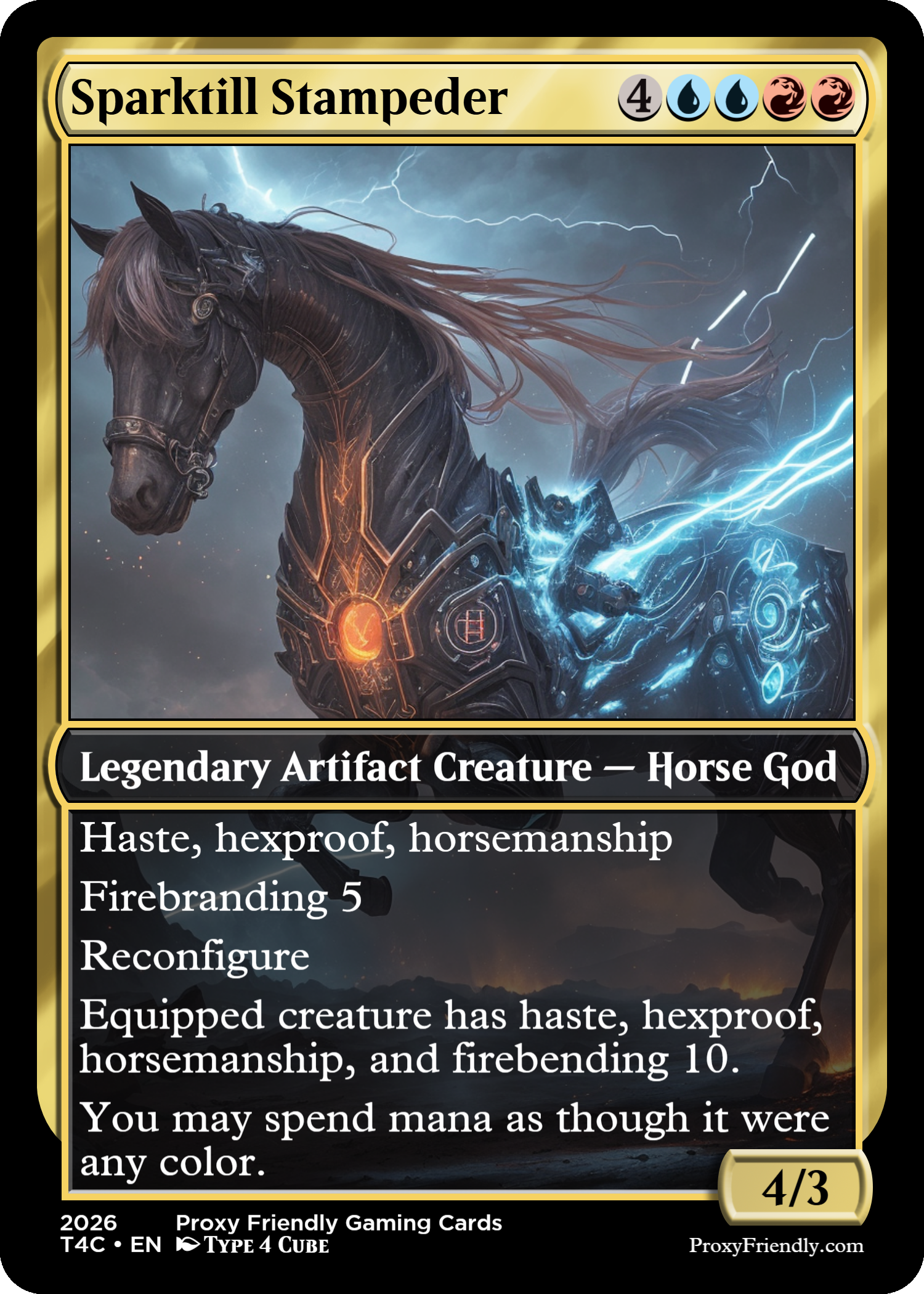 A fantasy trading card titled 'Sparkkilt Stampeder' featuring a mechanical horse with lightning and fire effects, labeled as a legendary artifact creature - horse god, with various abilities and stats.
