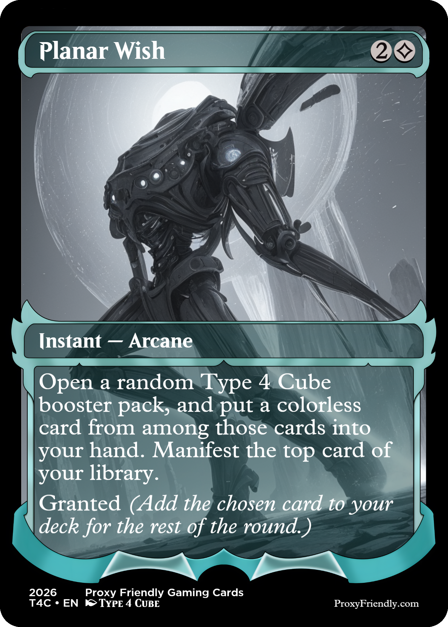 A futuristic, robotic creature with a sleek, black design and glowing white eyes stands against a cosmic background with a bright, glowing celestial body. The card is titled 'Planar Wish' and features text describing an instant arcane spell from a science fiction-themed card game.