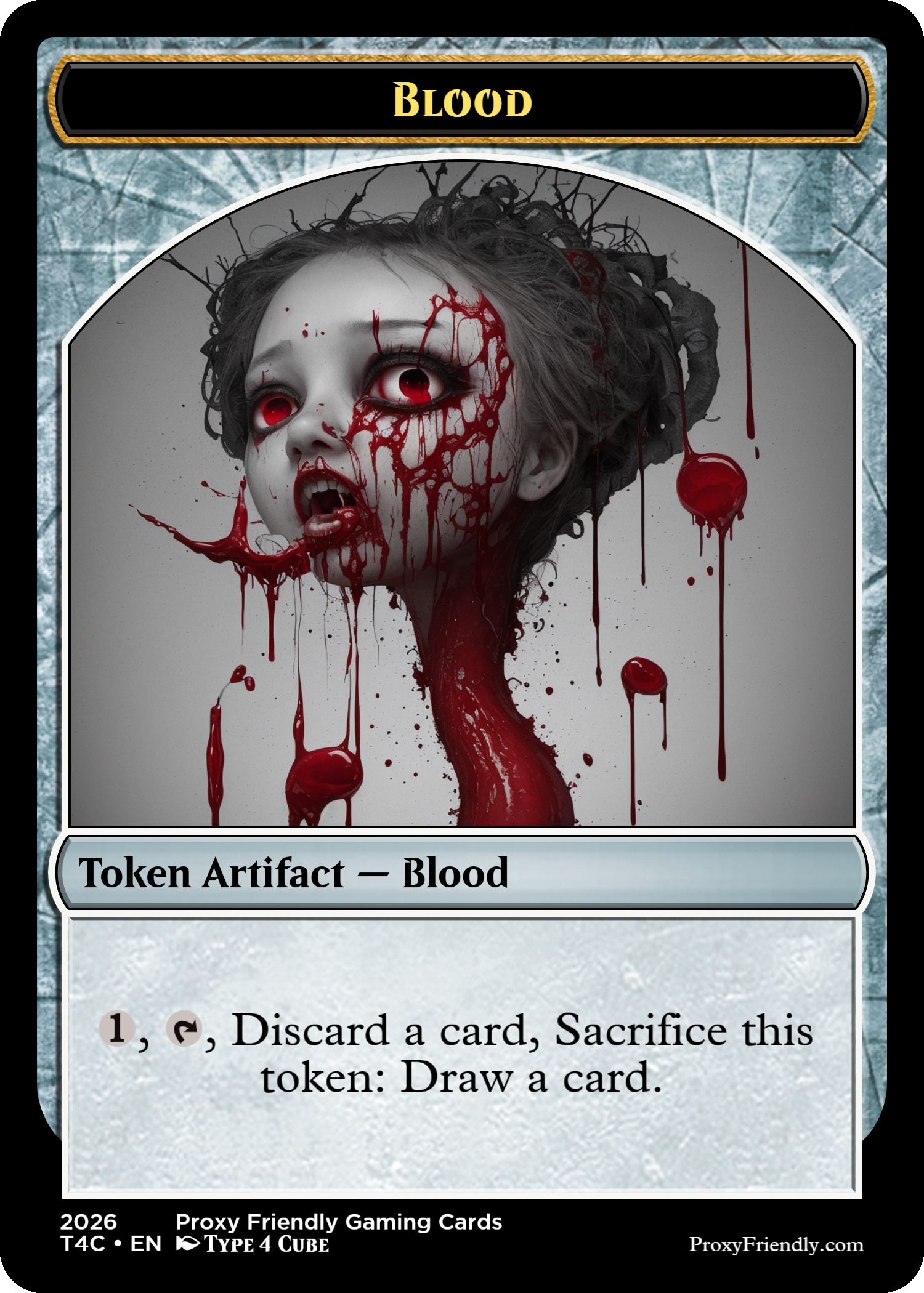 A game card titled "Blood" featuring a horror-themed illustration of a child with blood and black makeup, blood dripping from her mouth and eyes, with blood splatters and drops around her face.