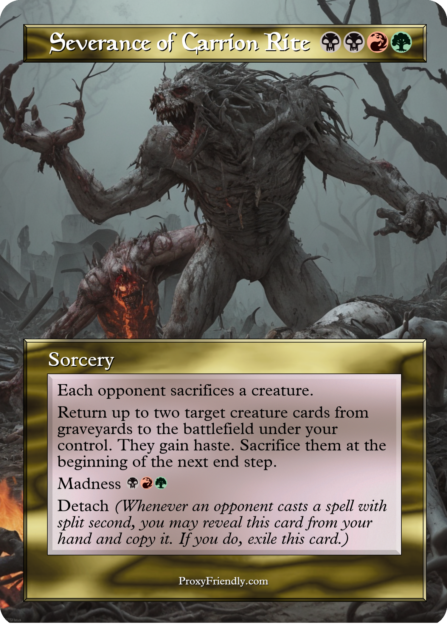 A fantasy game card titled "Severance of Carrion Rite" featuring a large, monstrous creature with sharp teeth and a twisted, skeletal appearance, set in a dark, eerie background with gnarled trees.