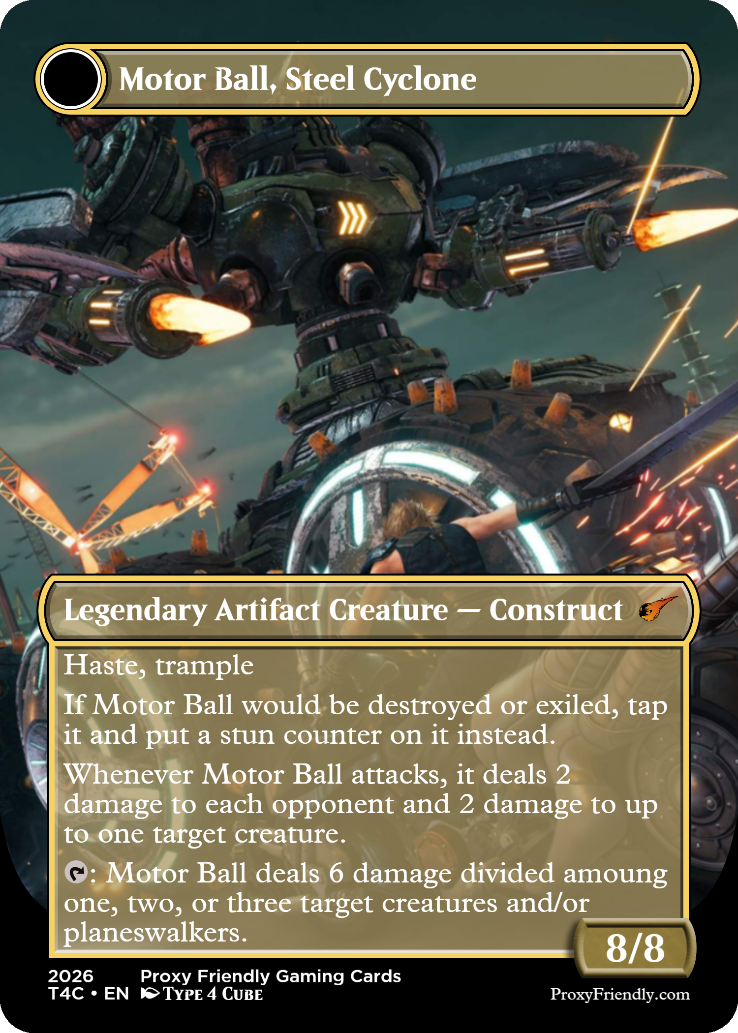 A trading card from a game depicting a large mechanical motorized sphere with thrusters and a human figure attacking it, with explosions and a dark sky background.