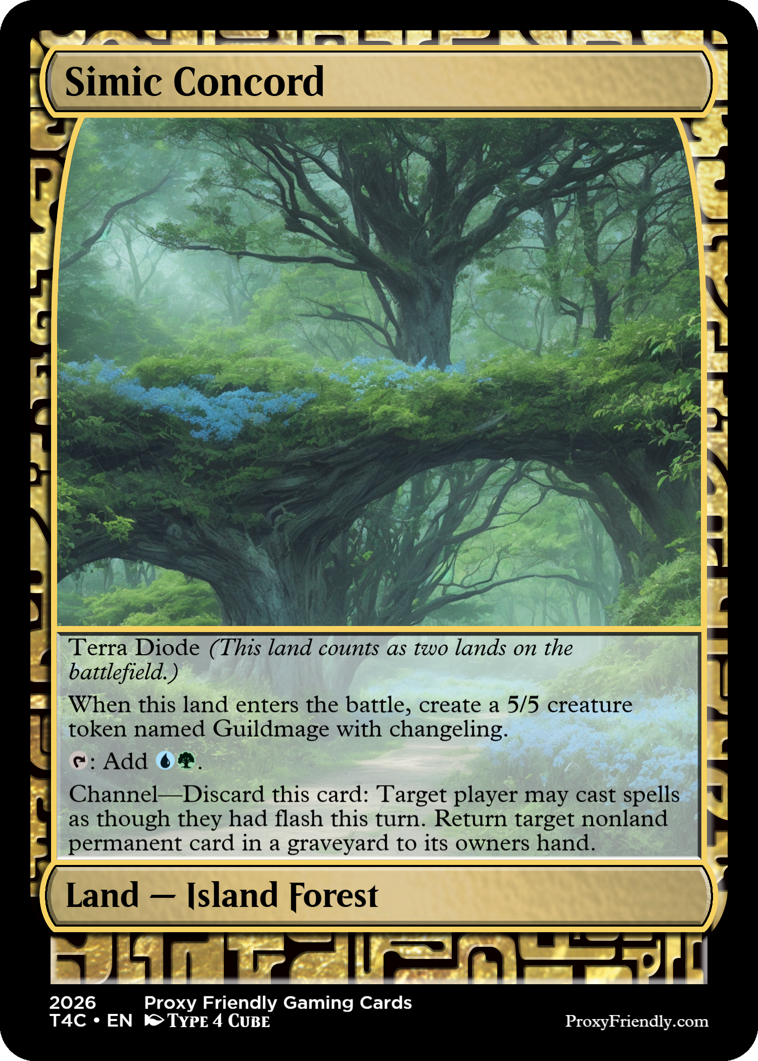 A fantasy trading card titled 'Simic Concord' featuring a lush forest with large trees and green foliage, with a misty background and blue flowers on a branch.