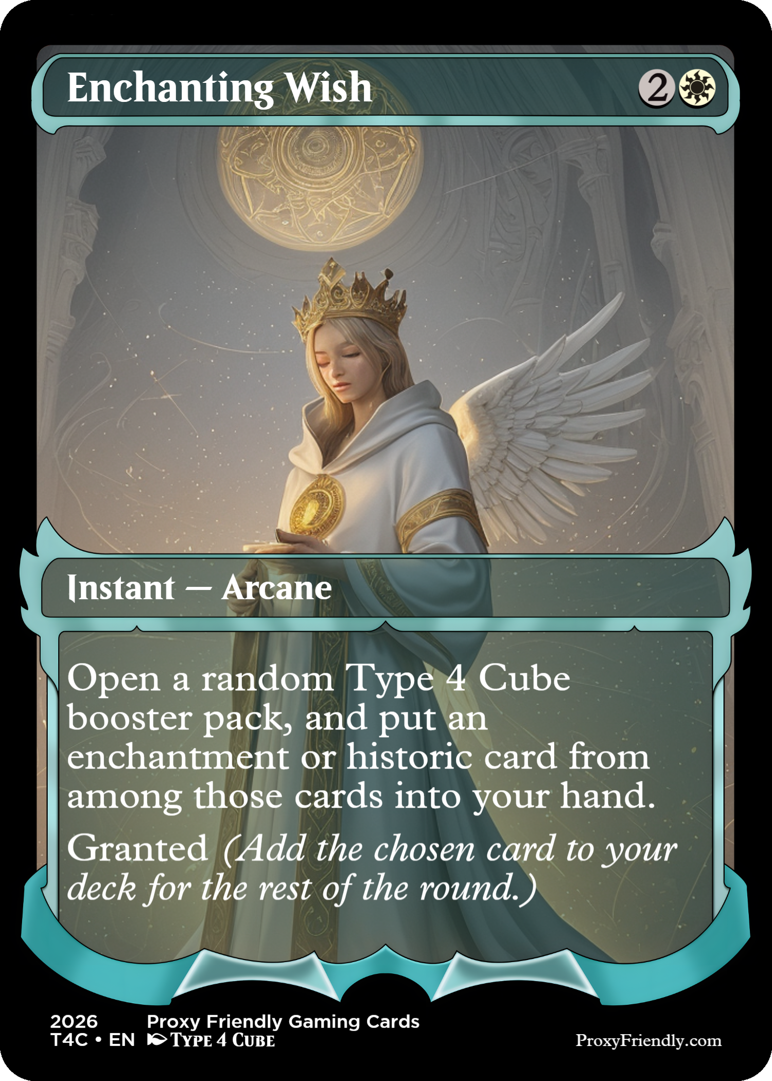 A fantasy-themed card titled 'Enchanting Wish' featuring a young woman with long hair, wearing a crown and white robes, holding a glowing golden coin while standing with angelic wings behind her. The background includes celestial and architectural elements.