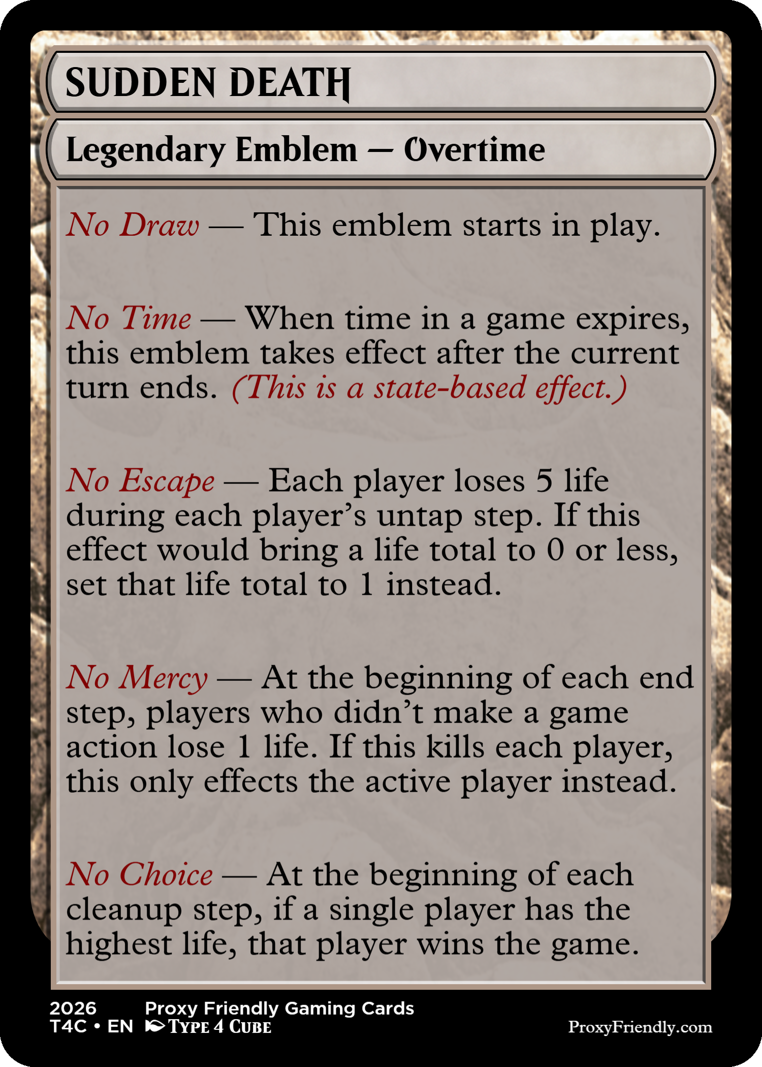 Close-up view of a gaming card with text about game rules and effects, including 'Sudden Death', 'Emblem - Overtime', 'No Draws', 'No Time', 'No Escape', and 'No Mercy'. The card has a black border and a silver background with black text.