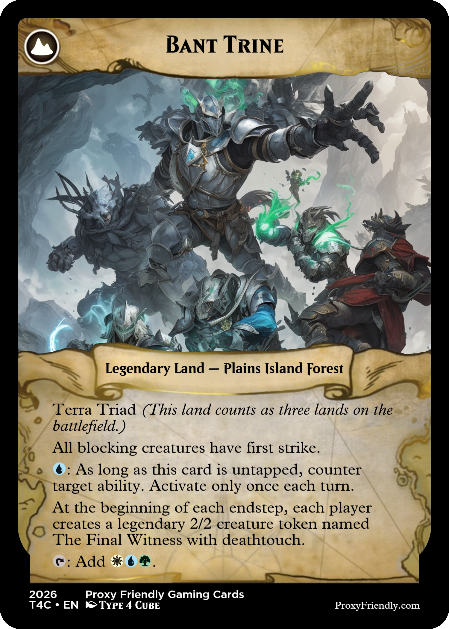 A fantasy trading card titled 'Bant Trine' featuring armored warriors in combat in a mountain forest. The card indicates a legendary land from Plains Island Forest with special abilities and game effects.