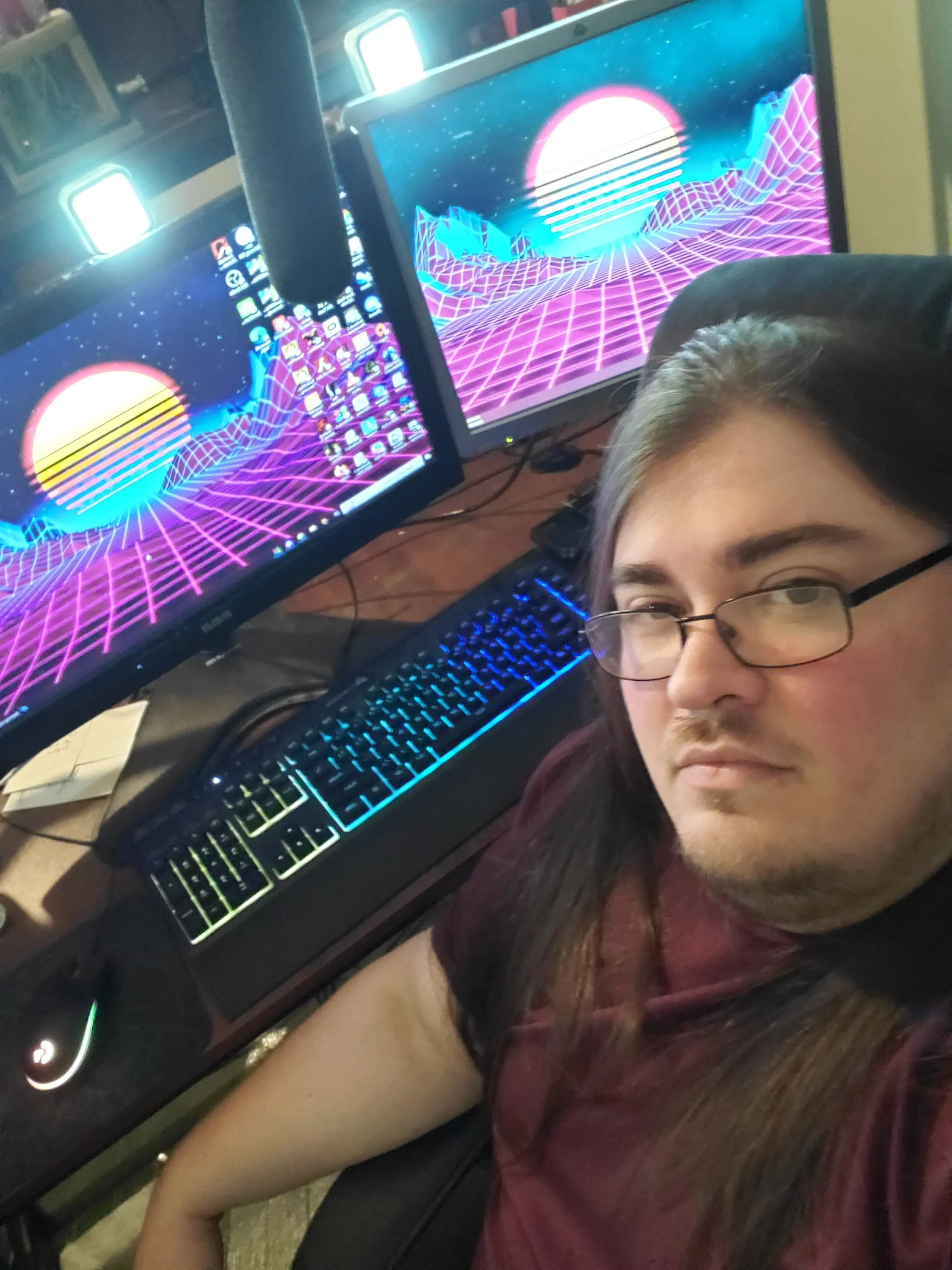 A person with long dark hair and glasses taking a selfie in front of two computer monitors with a retrofuturistic sunset and grid design.
