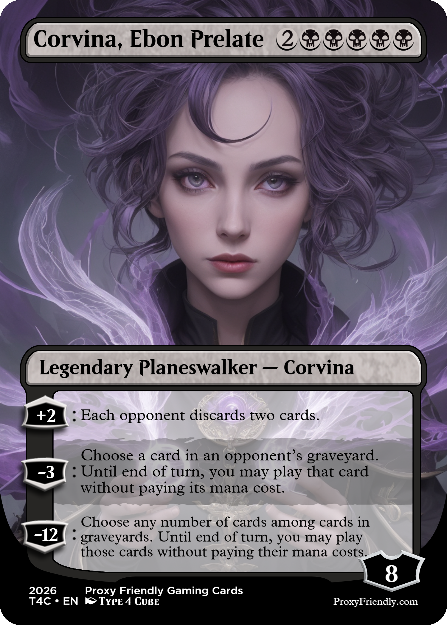 A trading card featuring a woman with purple curly hair and pale skin, titled "Corvina, Ebon Prelate."