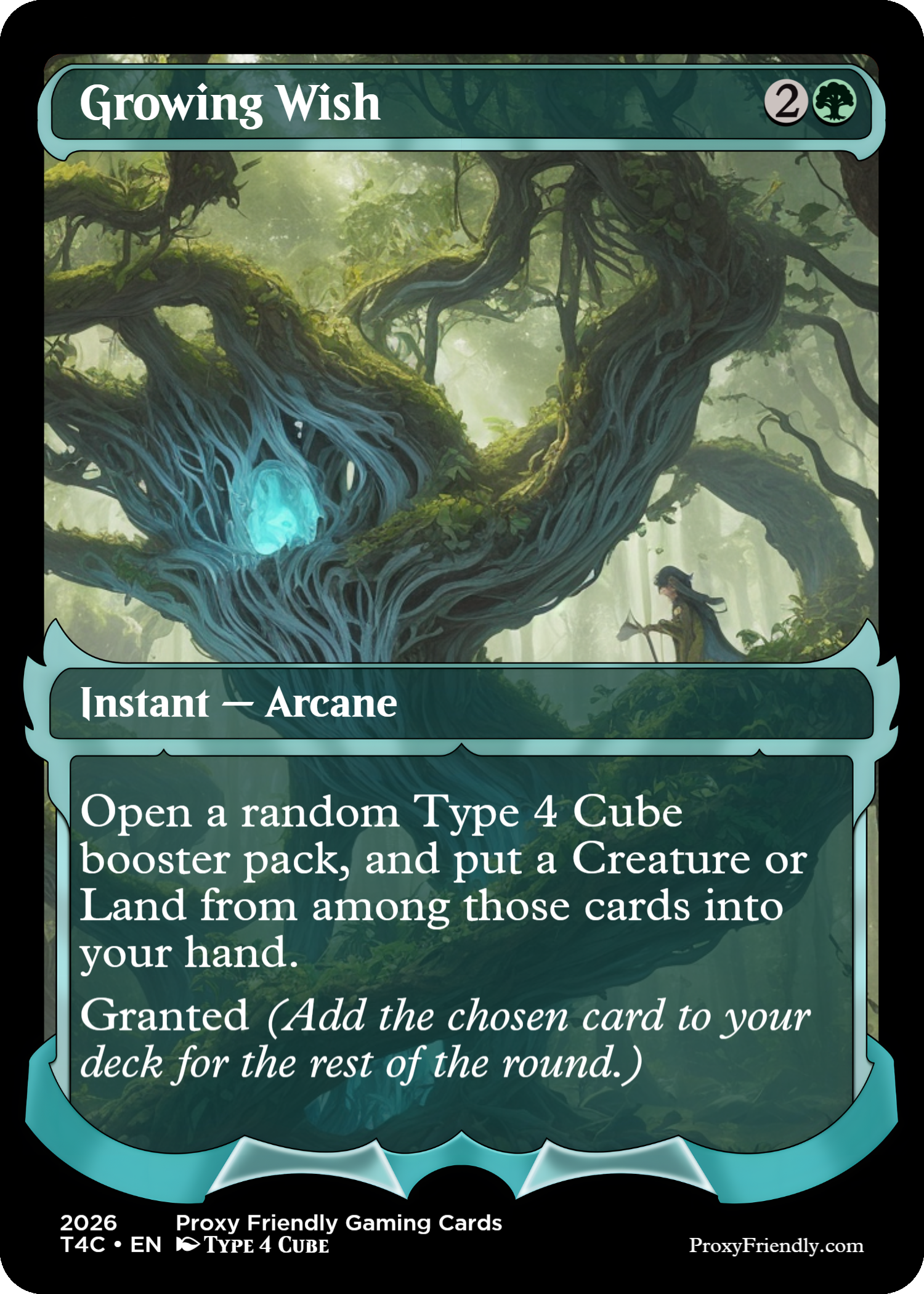 A fantasy-themed Magic: The Gathering card titled 'Growing Wish' depicting a large ancient tree with glowing blue energy within its trunk, a female elf with a bow standing beneath, and lush green forest background.