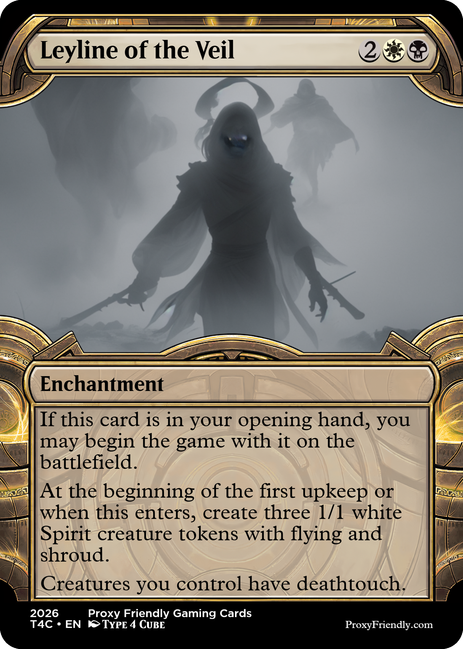 A mystical figure shrouded in fog with ghostly faces behind, depicted on a fantasy trading card titled "Leyline of the Veil" from the game Magic: The Gathering.