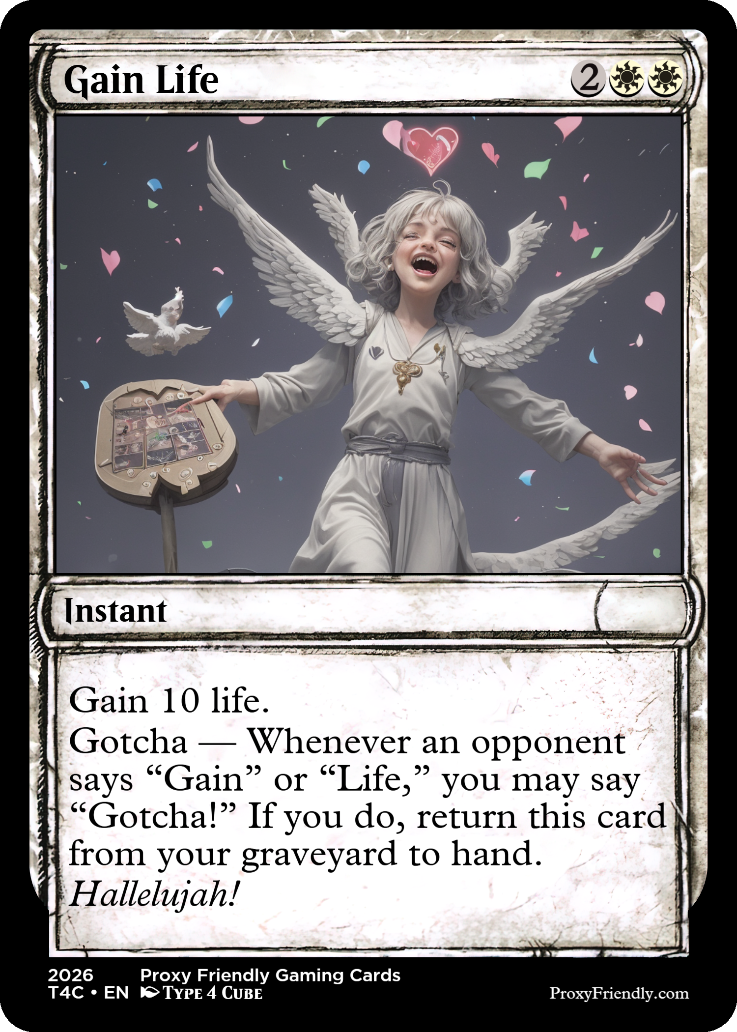 A fantasy-style trading card titled "Gain Life" with a cartoonish image of a smiling woman with gray hair, angel wings, and a glowing heart above her head, surrounded by pink, blue, and green confetti and white doves.