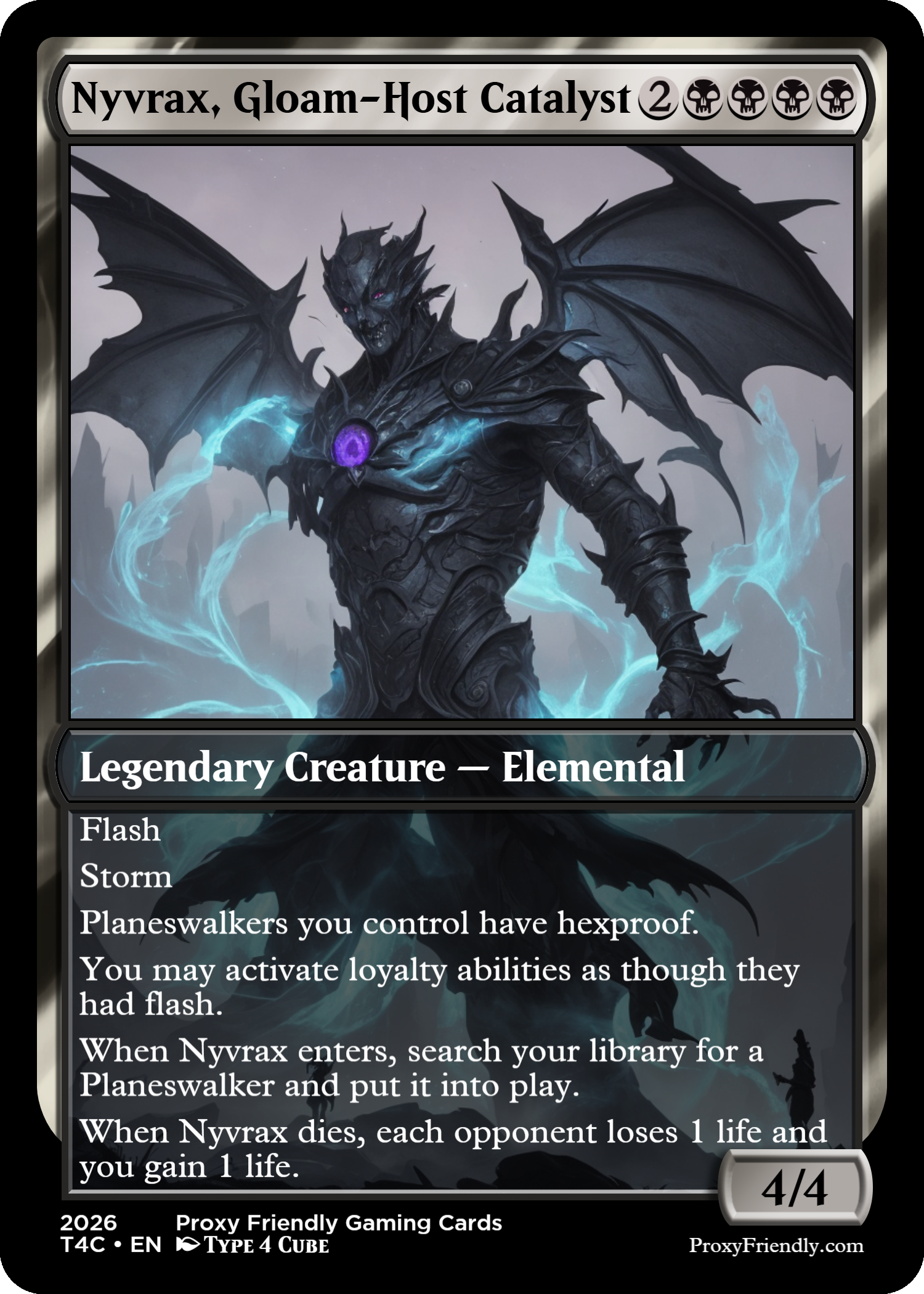 A fantasy-style illustration of a dark, winged creature with glowing purple core in its chest, surrounded by blue magical energy, on a card titled 'Nyvrax, Gloam-Host Catalyst' from a trading card game.