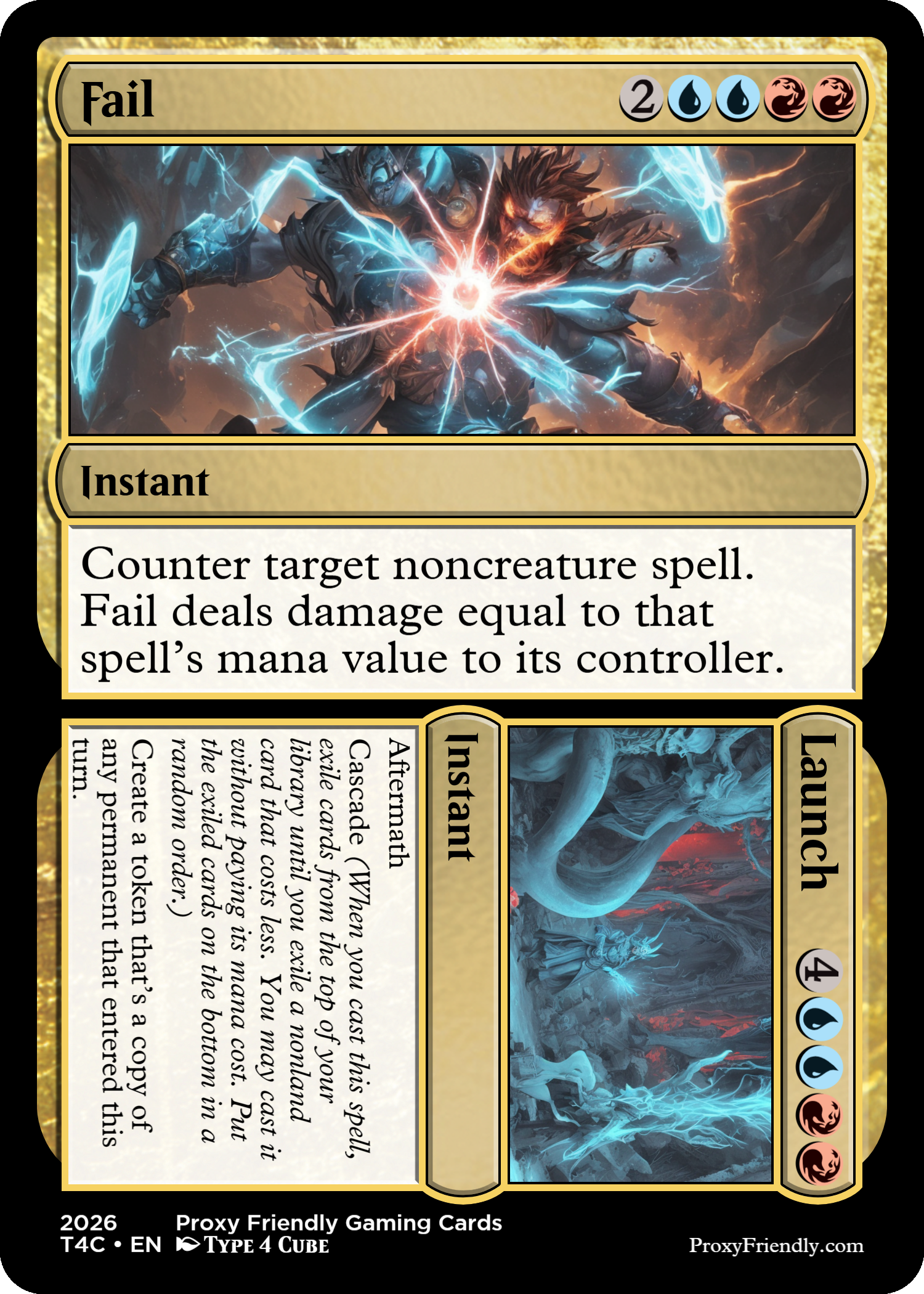 A Magic: The Gathering card titled 'Fail' showing a fantasy scene with a character emitting lightning and engaged in battle, featuring text describing a spell effect.