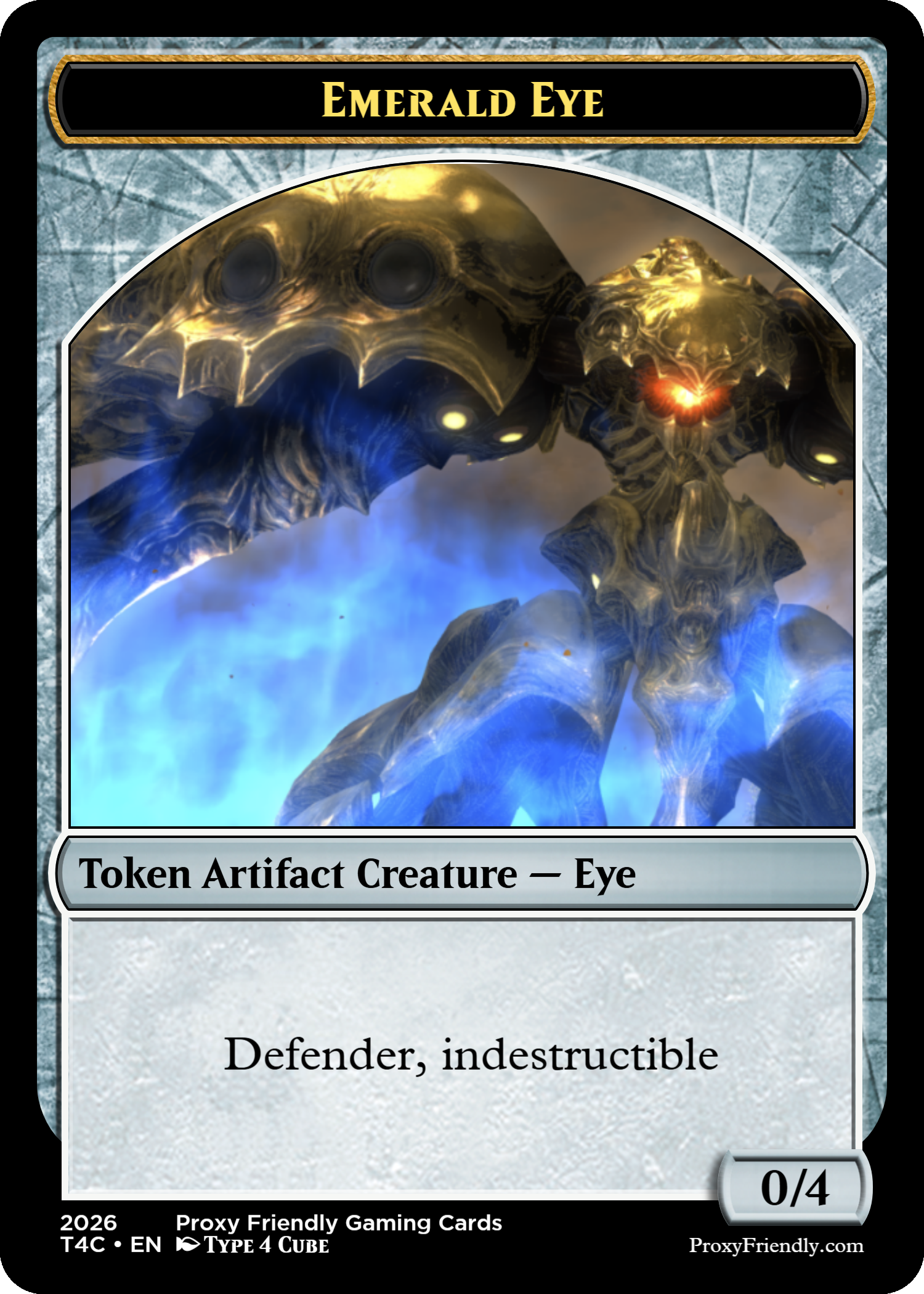 A gaming card featuring a detailed digital illustration of an emerald-colored eye creature with a glowing red eye, sharp metallic features, and a dark background. The card is labeled "Token Artifact Creature - Eye" and includes additional text indicating its traits and attributes.