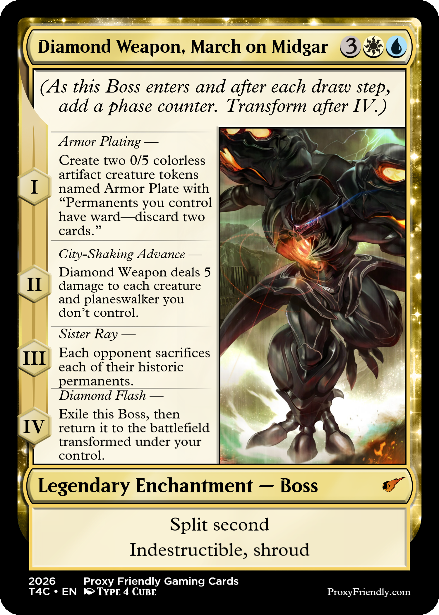 A collectible Magic: The Gathering card titled 'Diamond Weapon, March on Midgar' with a gold border, showing a black armored enemy wielding a sword, and game rules text on the left side.