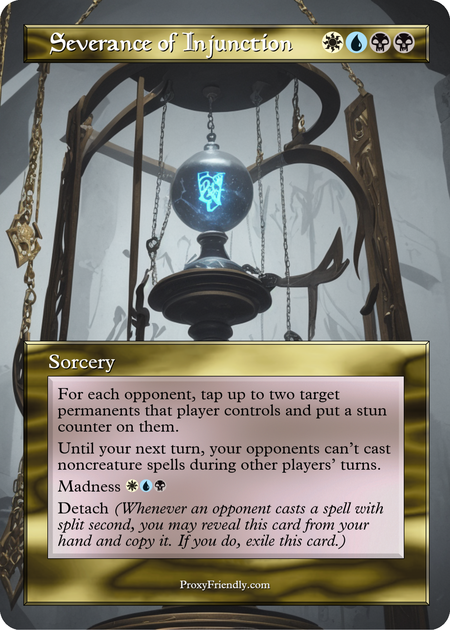 A card from a game titled 'Severance of Injuntion' featuring mystical symbols and ornate, gothic design elements. The card describes a sorcery rule involving tapping targets with certain permanents and staging effects during the game.