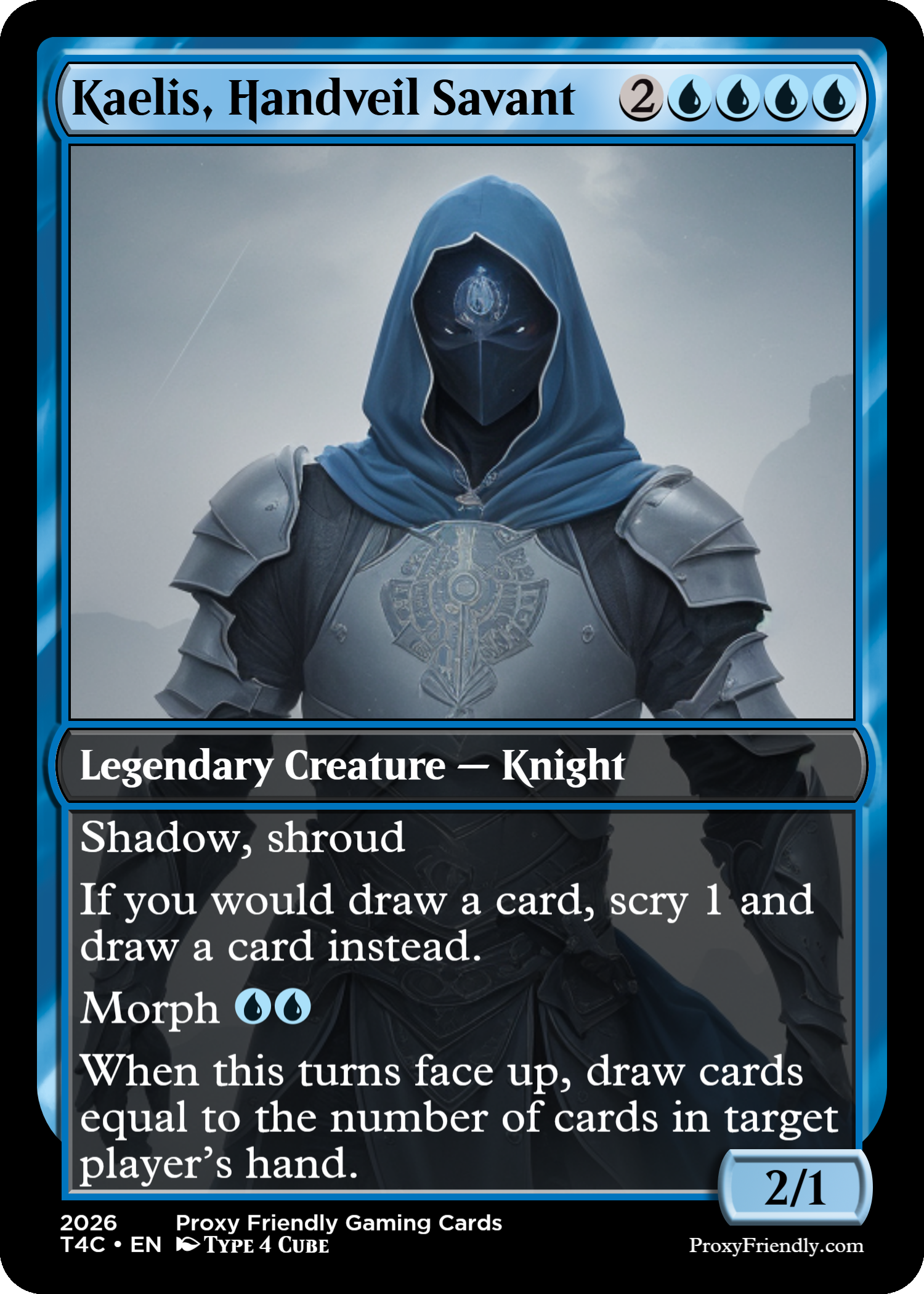 A fantasy-style digital illustration of a knight in armor with a dark face mask, wearing a blue hooded cloak and armor with intricate patterns, standing against a misty mountain landscape under a cloudy sky.
