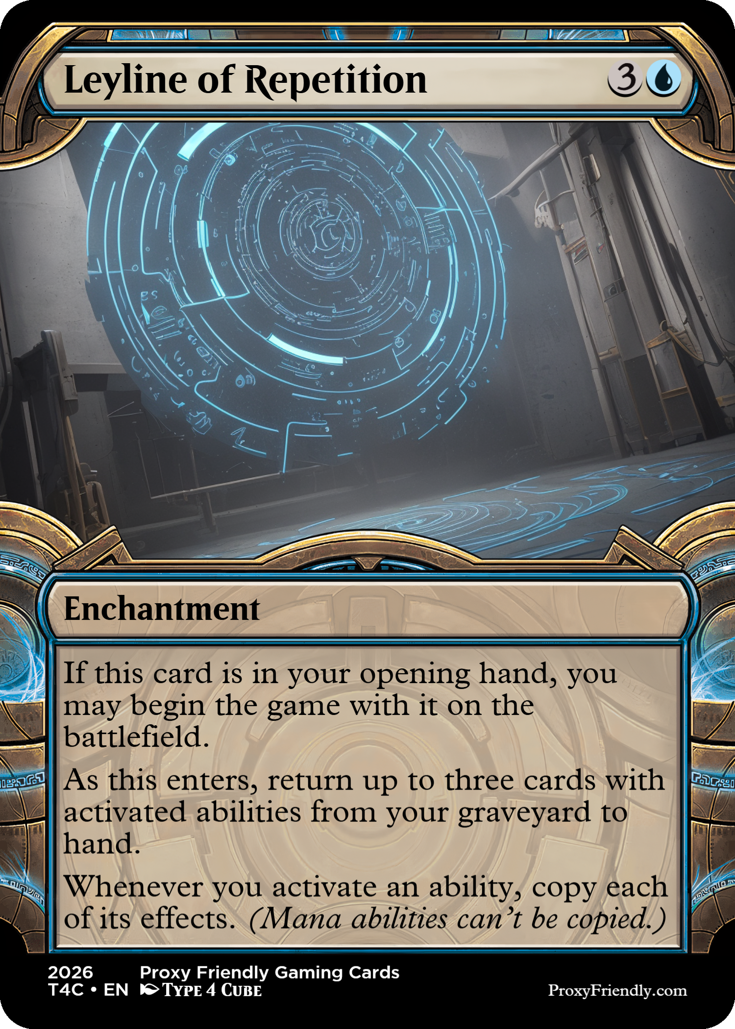A Magic: The Gathering card titled 'Leyline of Repetition', an enchantment card with a futuristic design showing a digital glowing blue circular pattern on a metallic surface background.