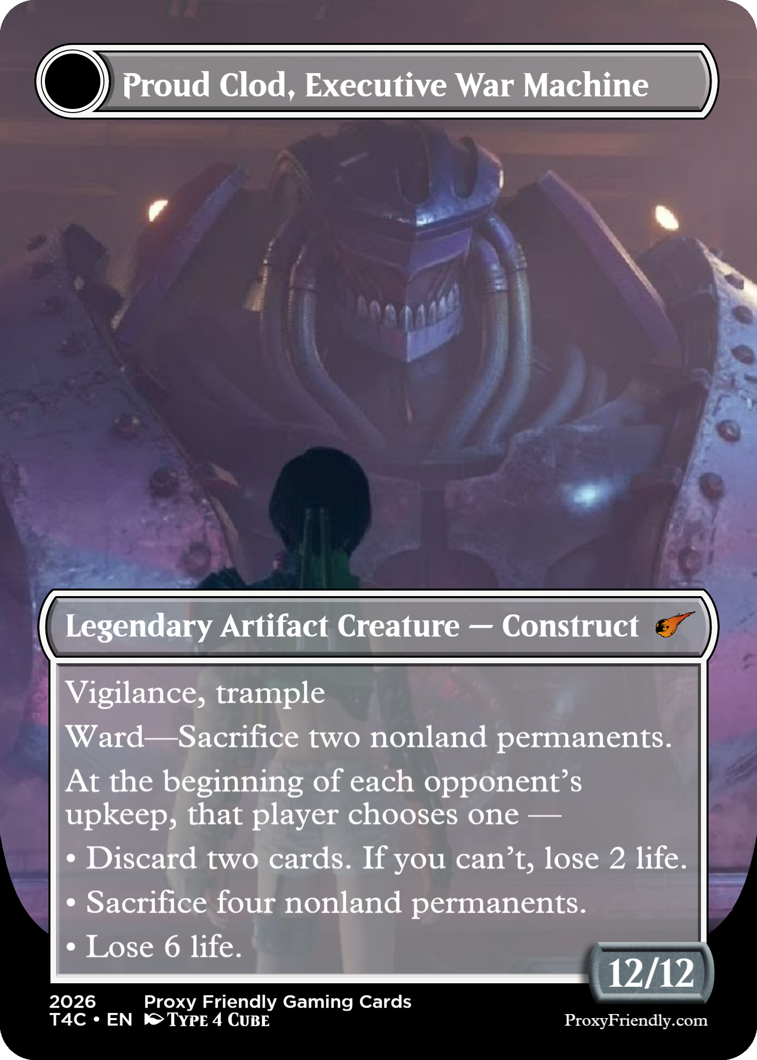 A virtual game card titled "Proud Cloud, Executive War Machine" featuring artwork of a large, menacing robot with a skull-like face and glowing eyes, standing behind a person facing it, in a sci-fi setting. The card has details describing the robot as a Legendary Artifact Creature — Construct, with abilities and game effects, and includes game stats and legal information at the bottom.