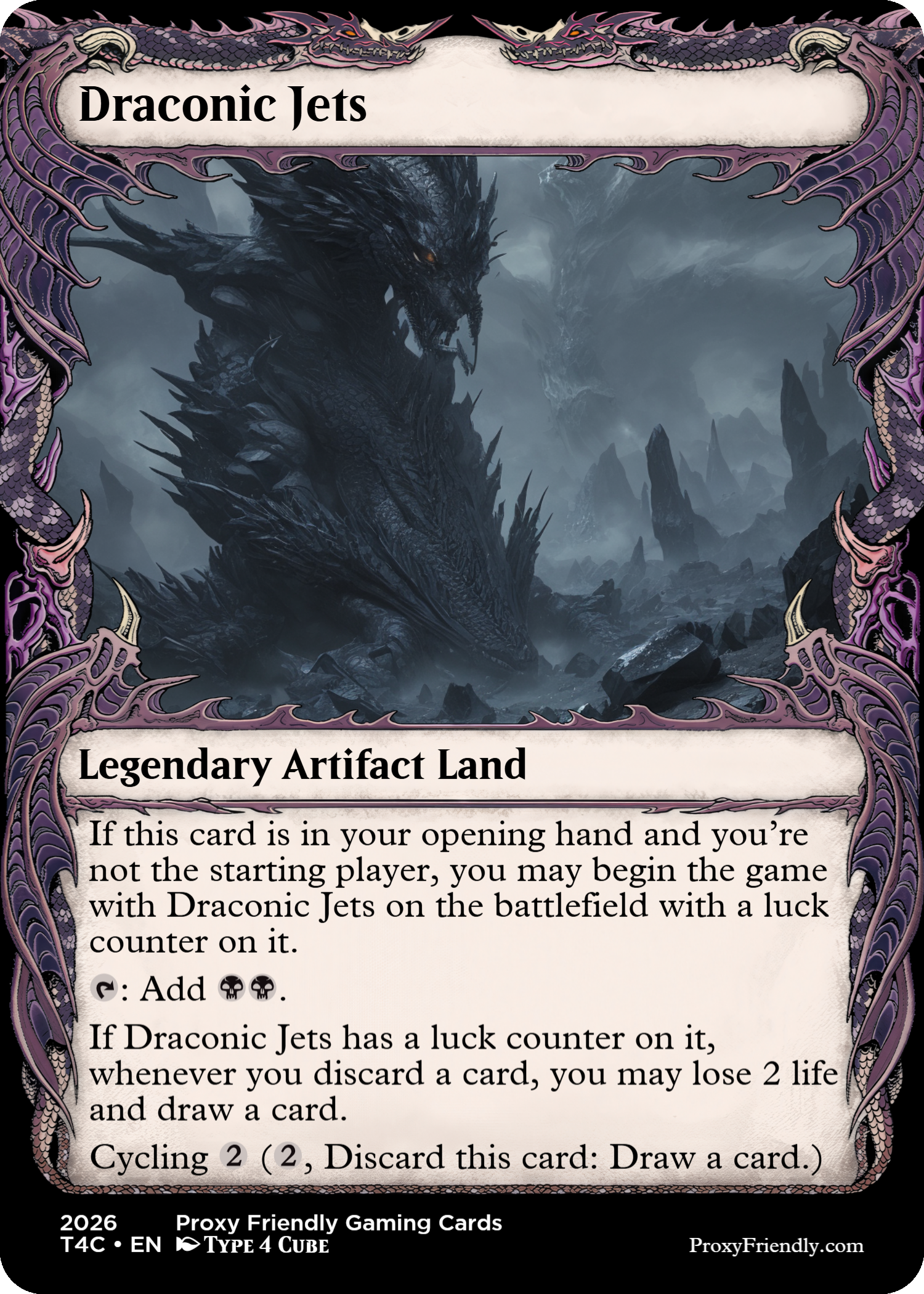 A trading card titled "Draconic Jets" depicting a large, dark dragon with glowing eyes, set against a stormy mountainous landscape. The card has a decorative frame with purple and black serpent motifs.