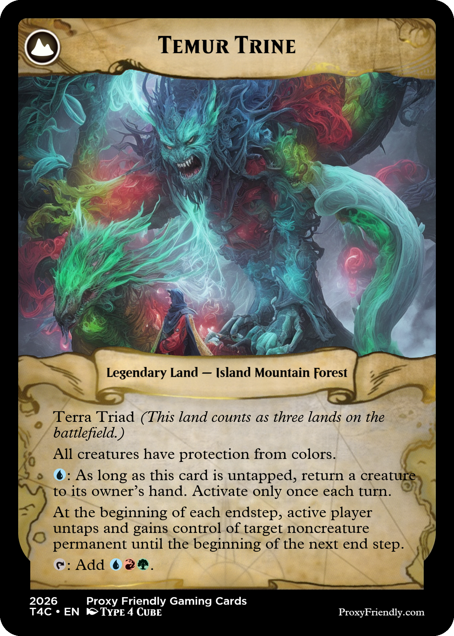 A colorful fantasy card titled "Temur Trine" depicts a legendary island mountain forest in a game setting. The illustration features a massive, fierce, dragon-like creature with glowing blue and red accents and a smaller, green, wolf-like figure emitting energy. A figure in the foreground examines the scene, against a dark, misty background.