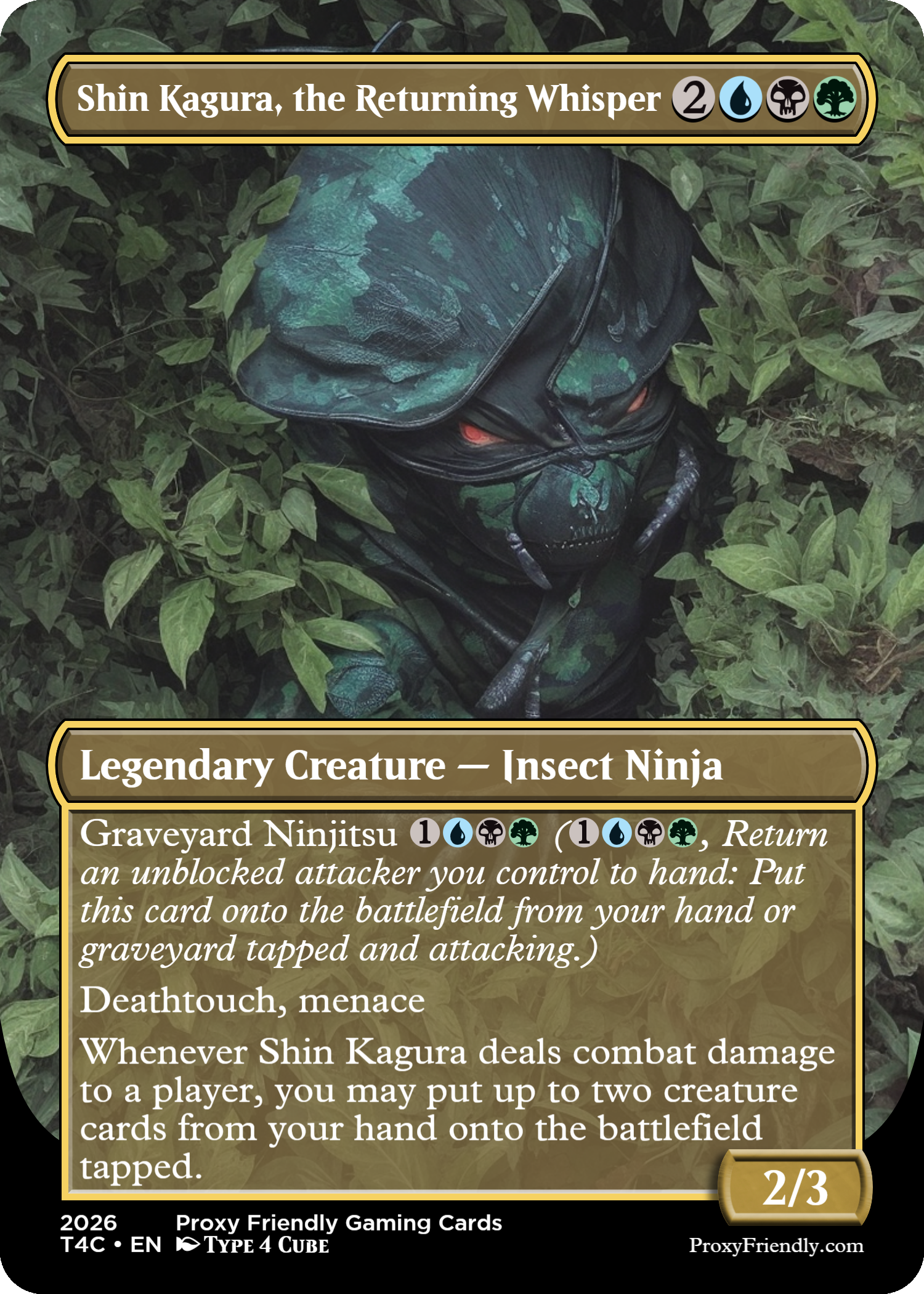 A trading card titled 'Shin Kagura, the Returning Whisper'. The card features an illustration of a figure in a dark, insect-like ninja costume with glowing red eyes, surrounded by green leaves. The card describes a legendary creature that is an insect ninja, with abilities called Graveyard Ninjitsu and Deathtouch, menace. It has a mana cost of 2 colorless, 1 blue, 1 black, and 1 green mana, with power 2 and toughness 3.