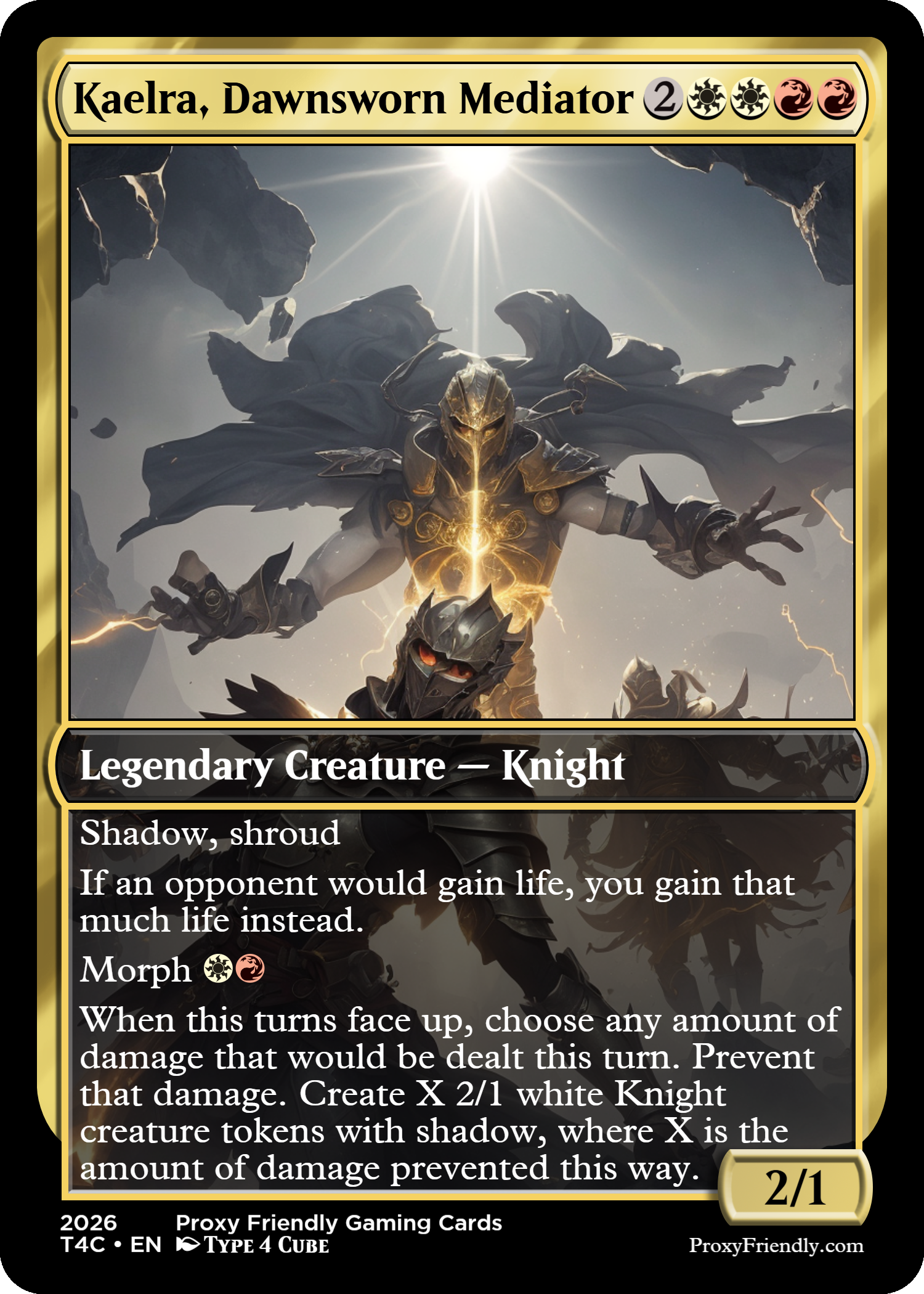 A fantasy trading card titled "Kaelra, Dawnsworn Mediator" depicting a knight with a glowing golden chest, wearing armor and a cape, surrounded by rocky floating islands and lightning, with a dark armored knight in the foreground.