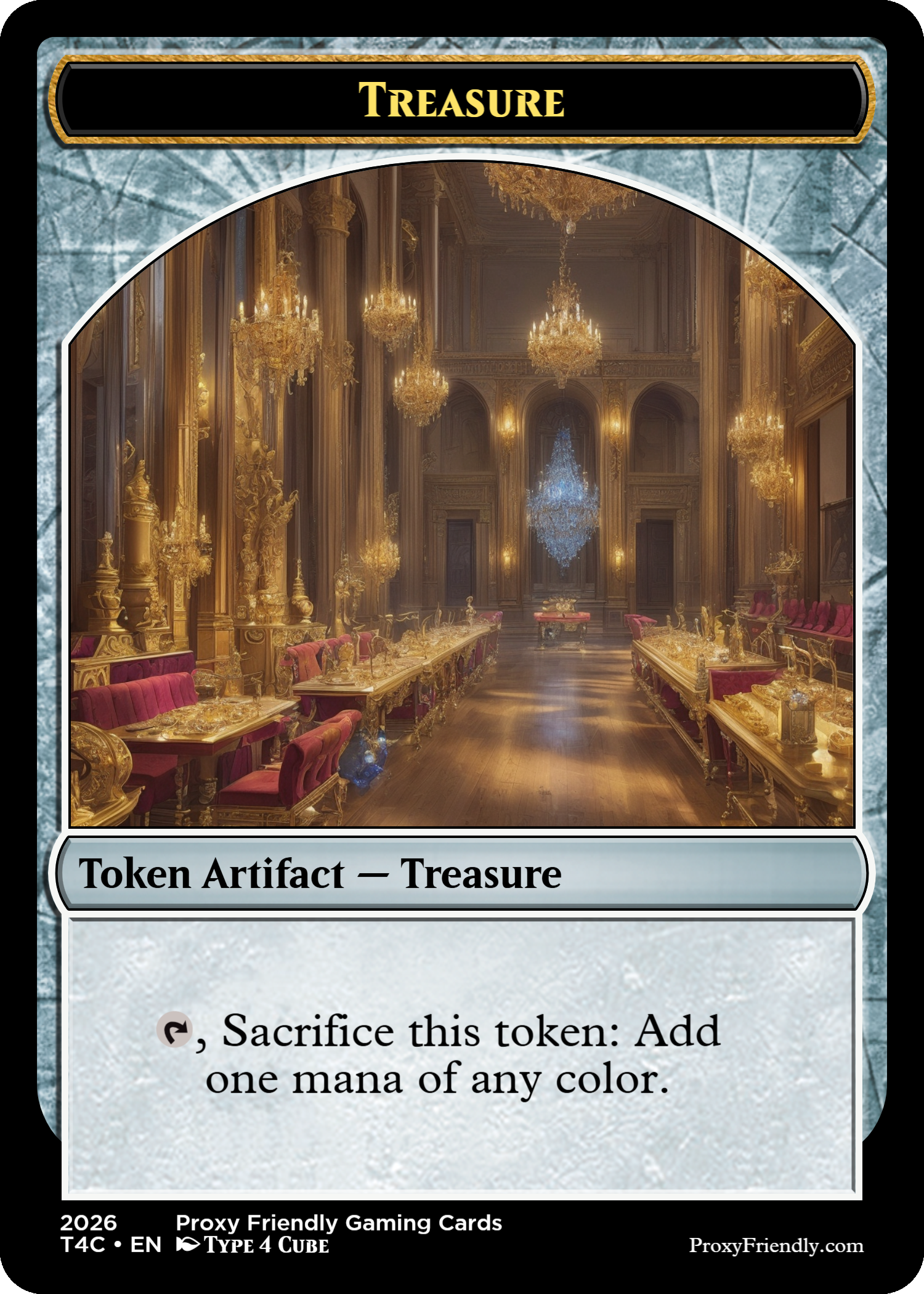 A luxurious palace interior with golden chandeliers, ornate gold furniture, and a Christmas tree in the background, seen through a card titled 'Treasure' from Proxy Friendly Gaming Cards.