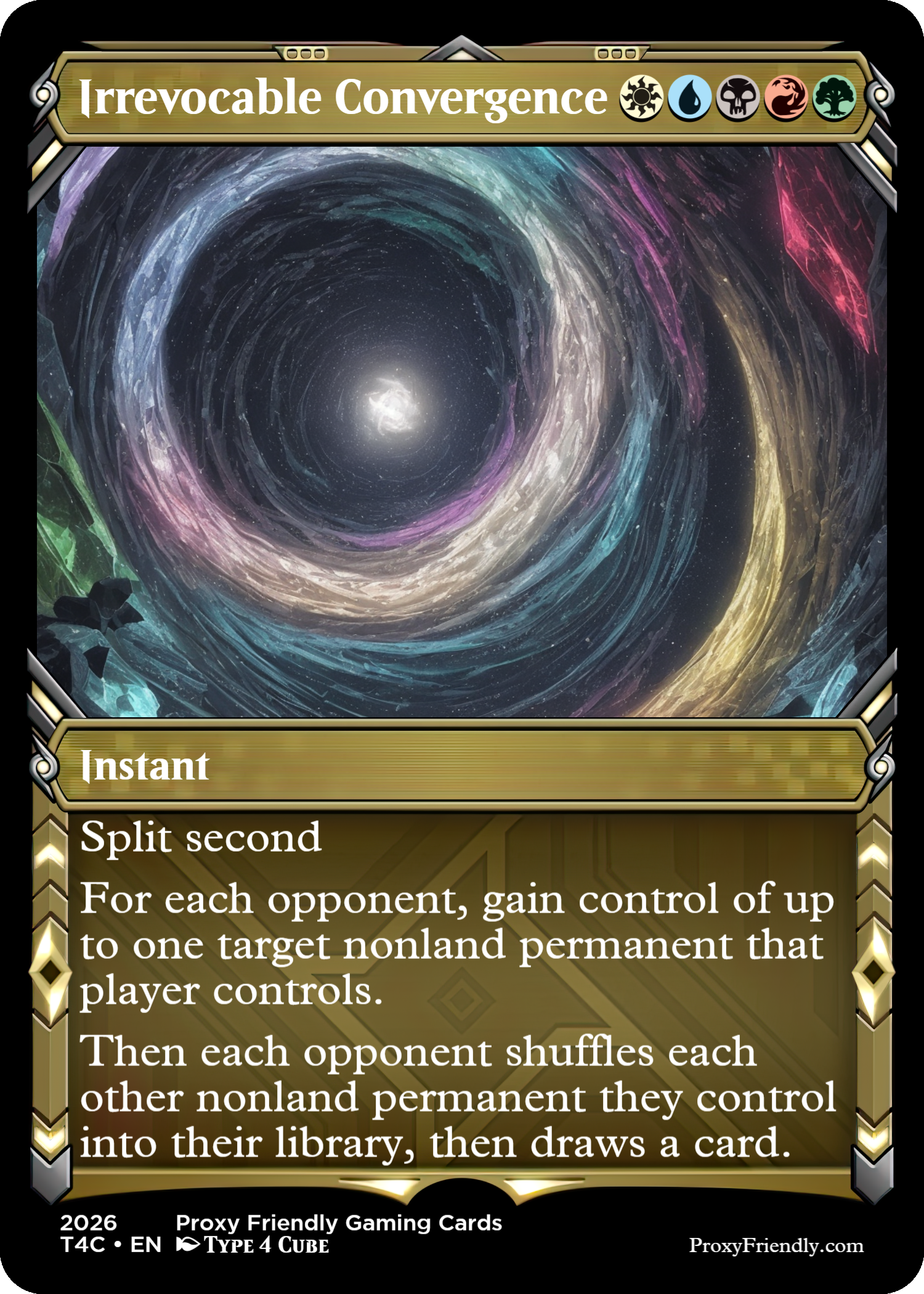 A trading card named 'Irrevocable Convergence' with an artwork of a swirling multicolored vortex in space leading to a bright center, surrounded by stars and space debris.