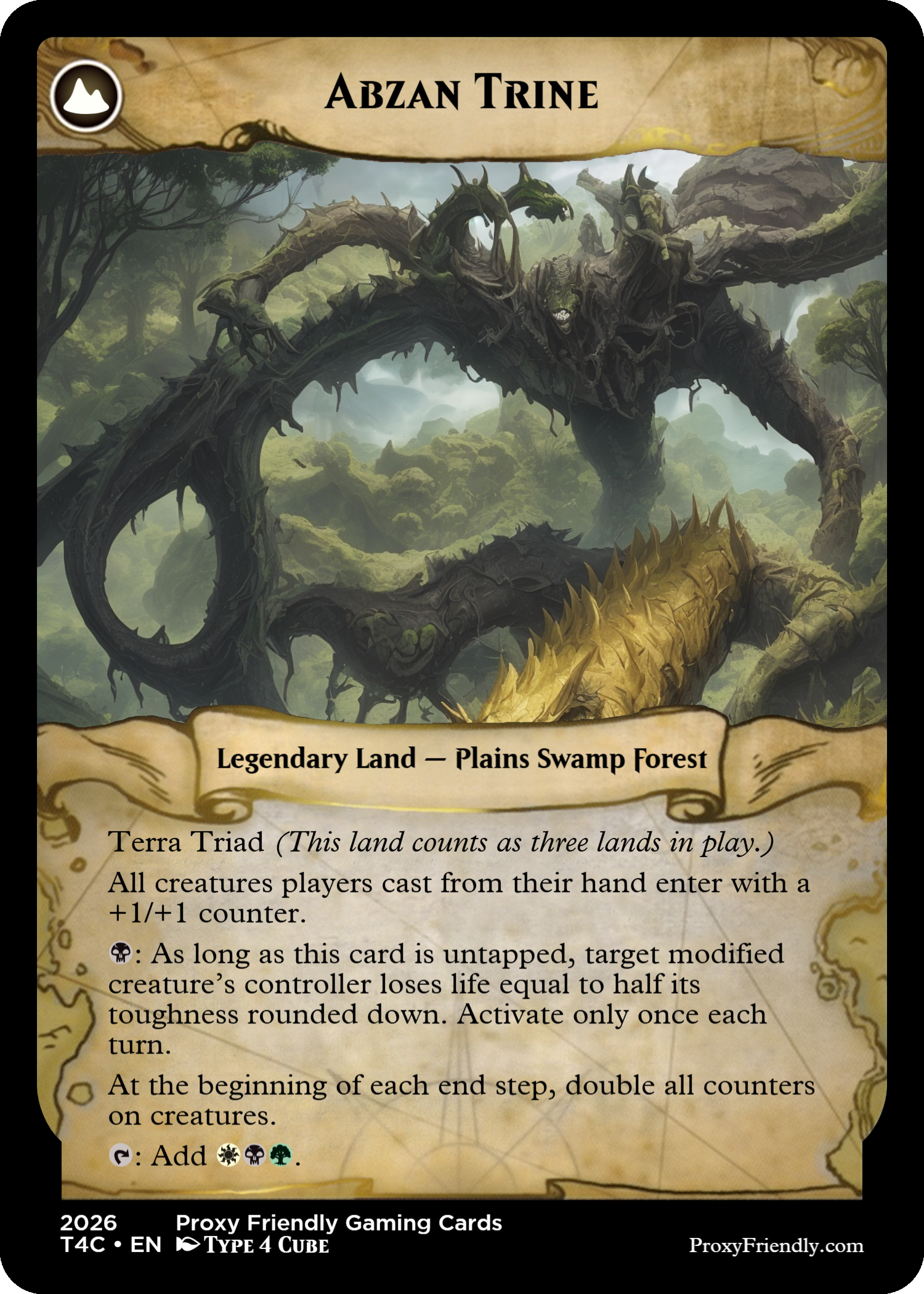 A fantasy-style card titled 'Abzan Trine' showing a massive, twisted tree creature in a swamp forest with moss and rocks in the background.