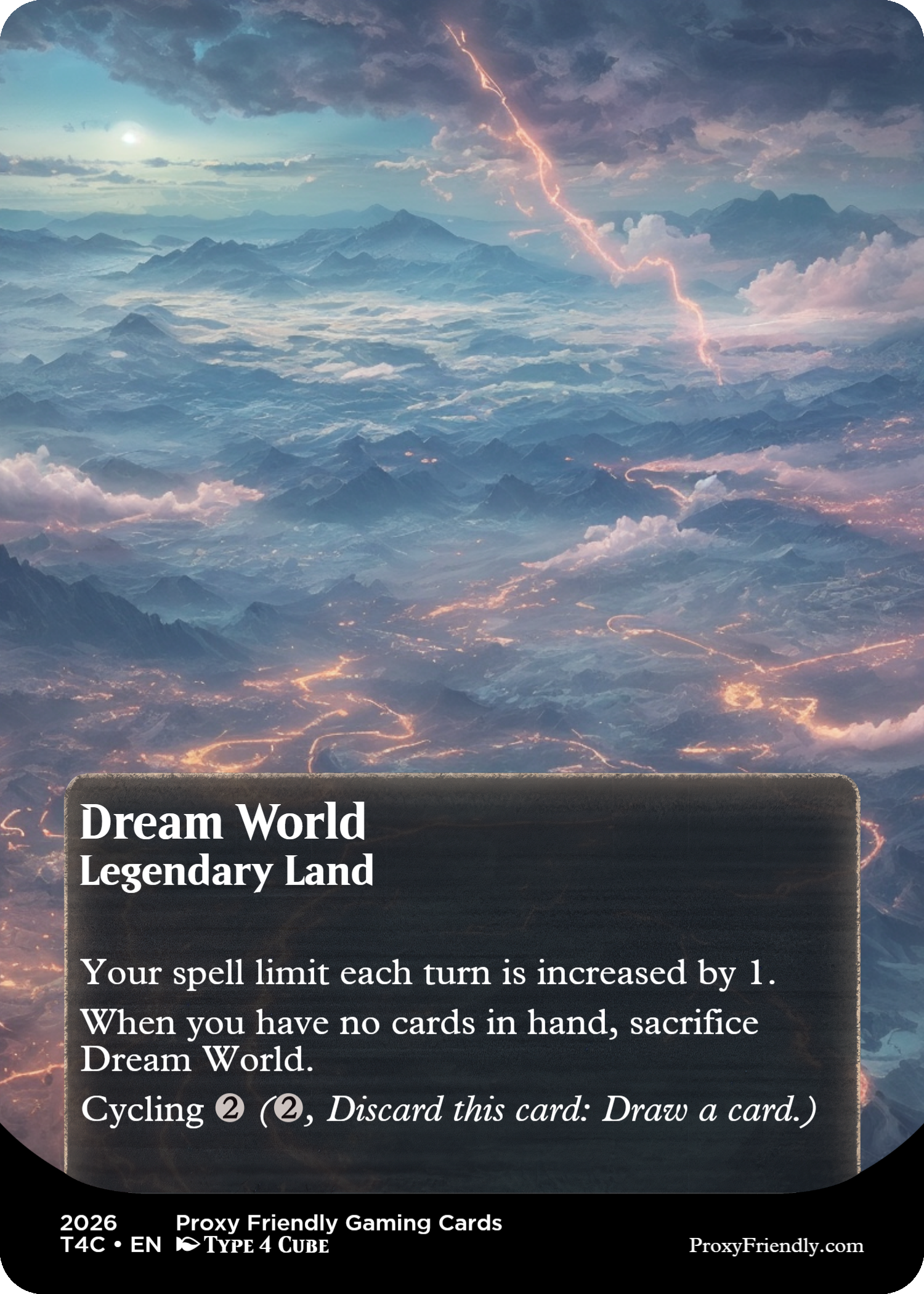 A fantasy landscape of icy mountains and clouds with a lightning bolt streaking across the sky, and a glowing city below.