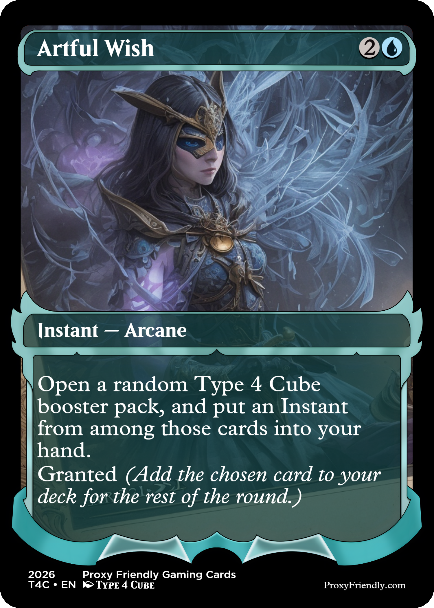 Magic the Gathering card titled 'Artful Wish' featuring a female figure in dark armor with elaborate gold and blue details, wearing a gold and blue helmet, surrounded by icy or crystalline elements.