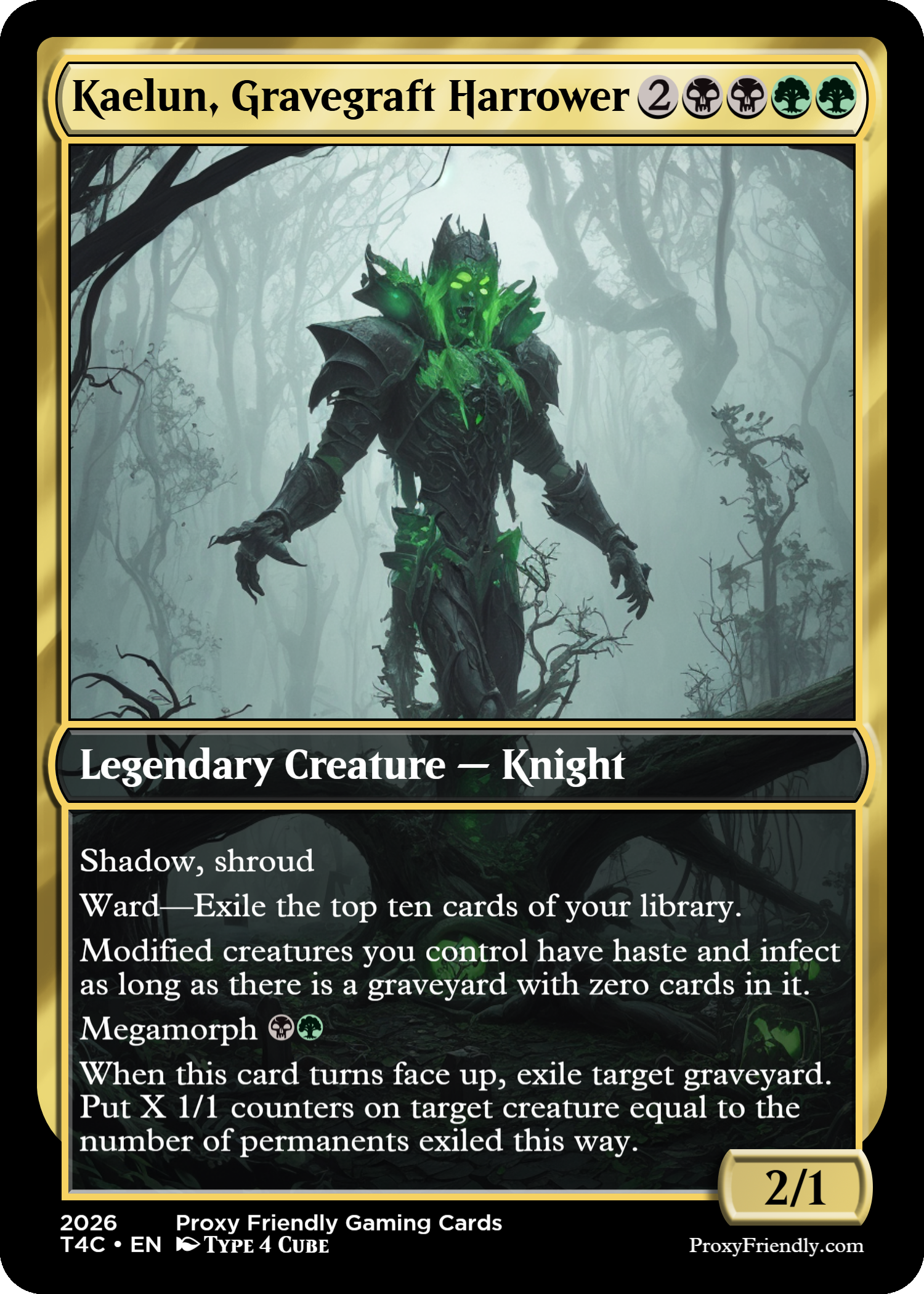 A Magic: The Gathering card titled 'Kaelun, Gravegraft Harrower' featuring a dark, forest background with a knight in black armor and glowing green accents, surrounded by twisted trees.