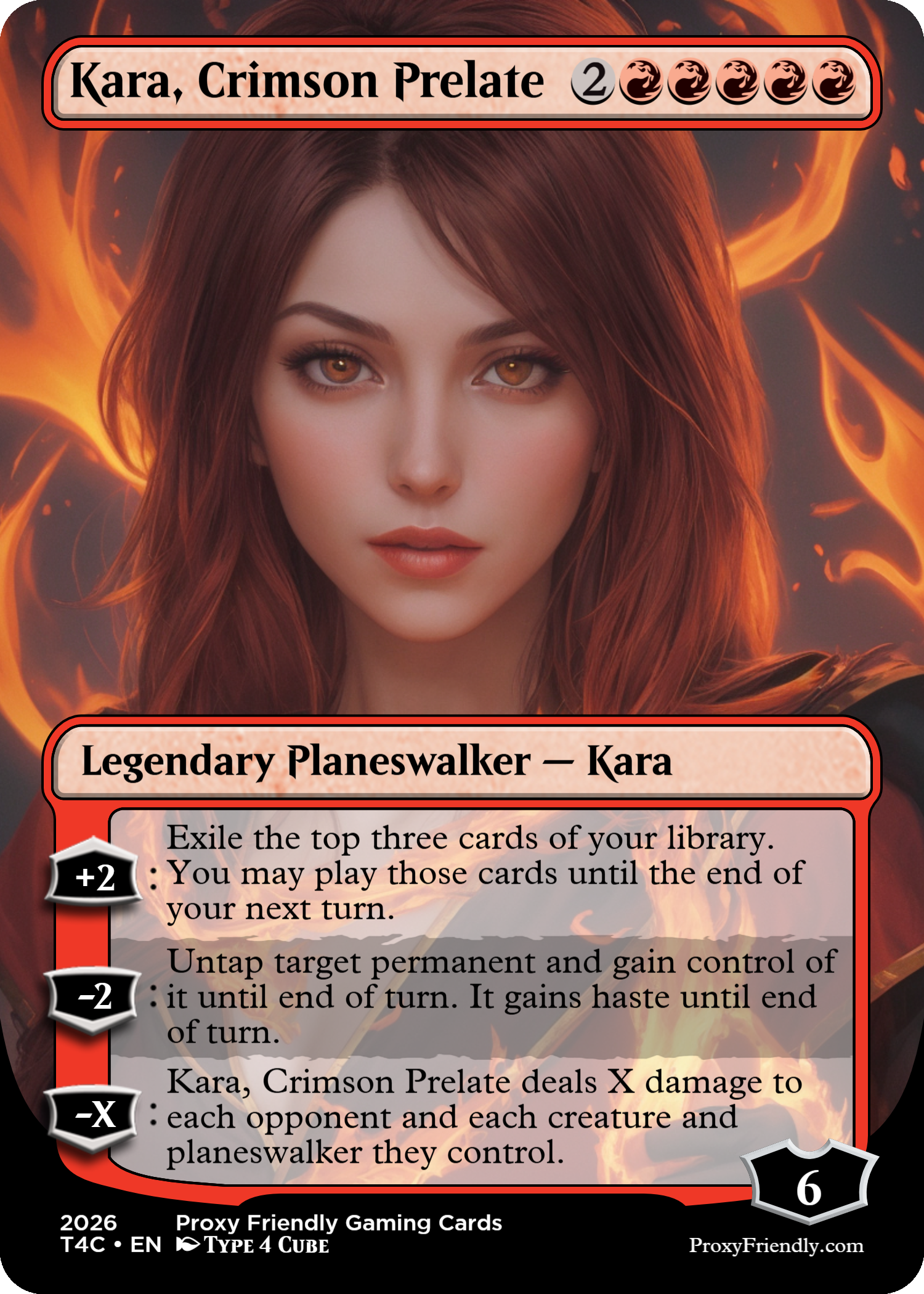 A fantasy trading card featuring a woman with red hair and fiery background. The card is titled 'Kara, Crimson Prelate' and has game statistics and abilities listed on it.
