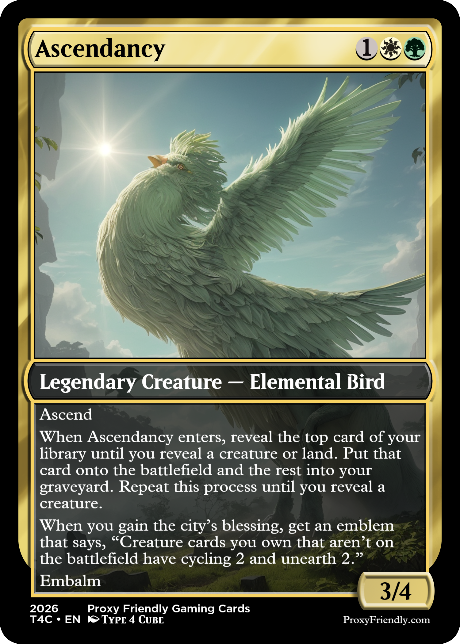A fantasy trading card named Ascendancy featuring a majestic green bird with large feathery wings, set against a bright sky with sunlight.