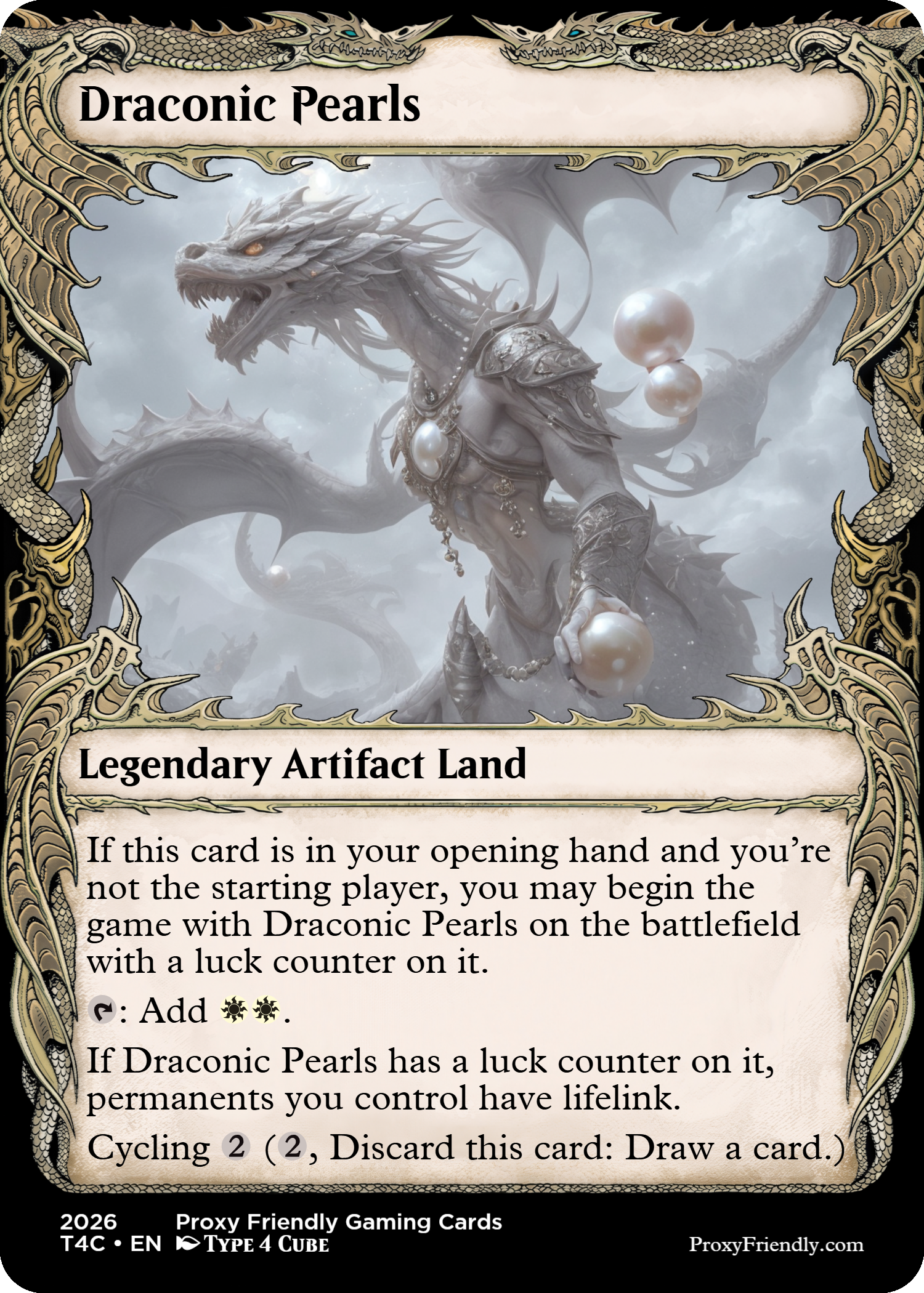 A fantasy trading card titled "Draconic Pearls." The card features a dragon-like humanoid creature with a serpentine body, sharp scales, and glowing eyes, holding large pearl-like orbs. The border is ornate with gold and dragon motifs, and the background depicts clouds and mist.