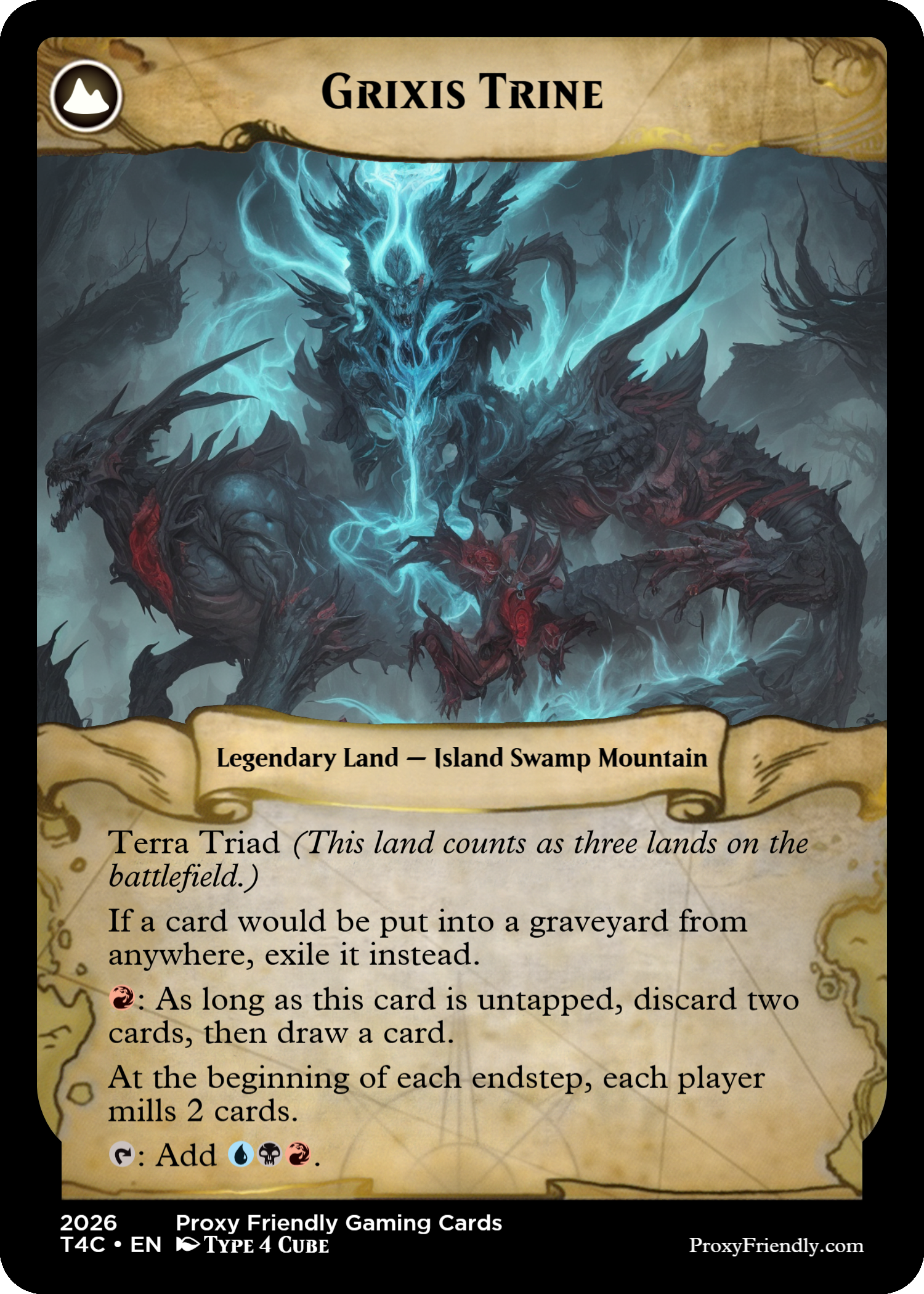 A fantasy trading card titled 'Grixis Trine' featuring a dark, monstrous creature with a blue, lightning-like aura, set against a gloomy landscape with twisted trees.